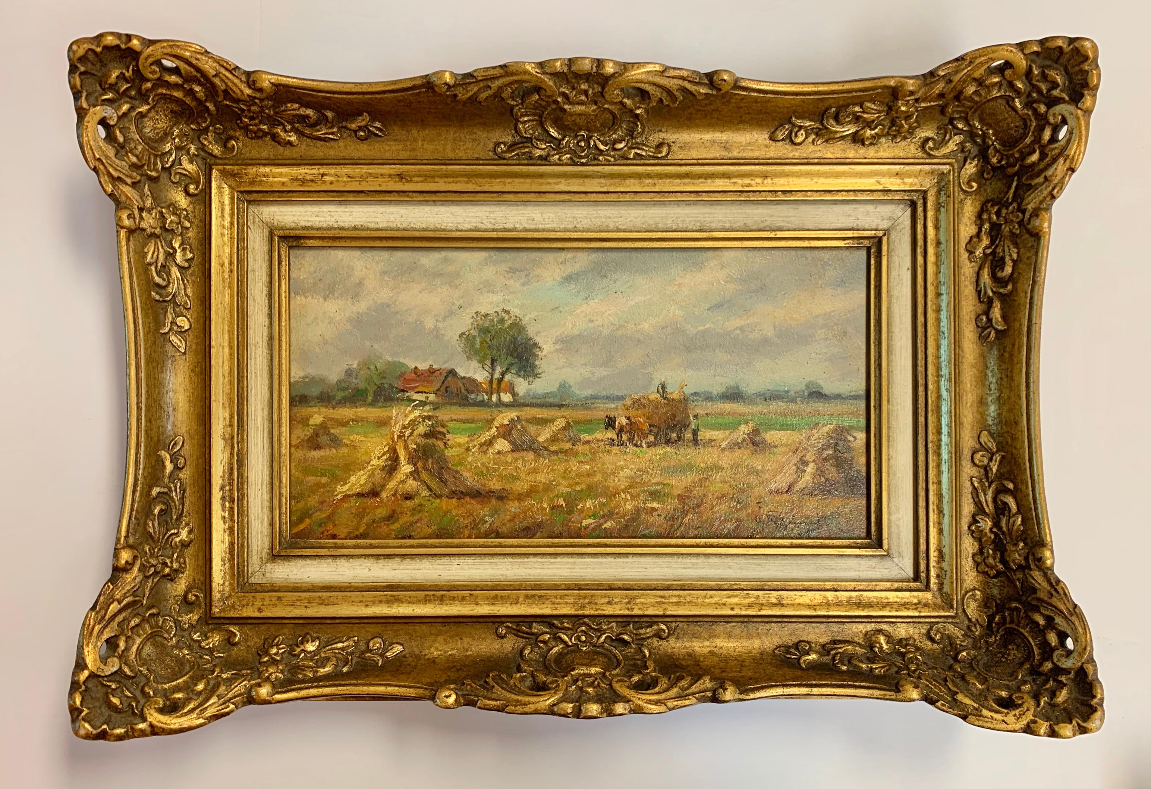 G. Rhumont Landscape Painting - The Harvest, Impressionist Haystack 19th Century