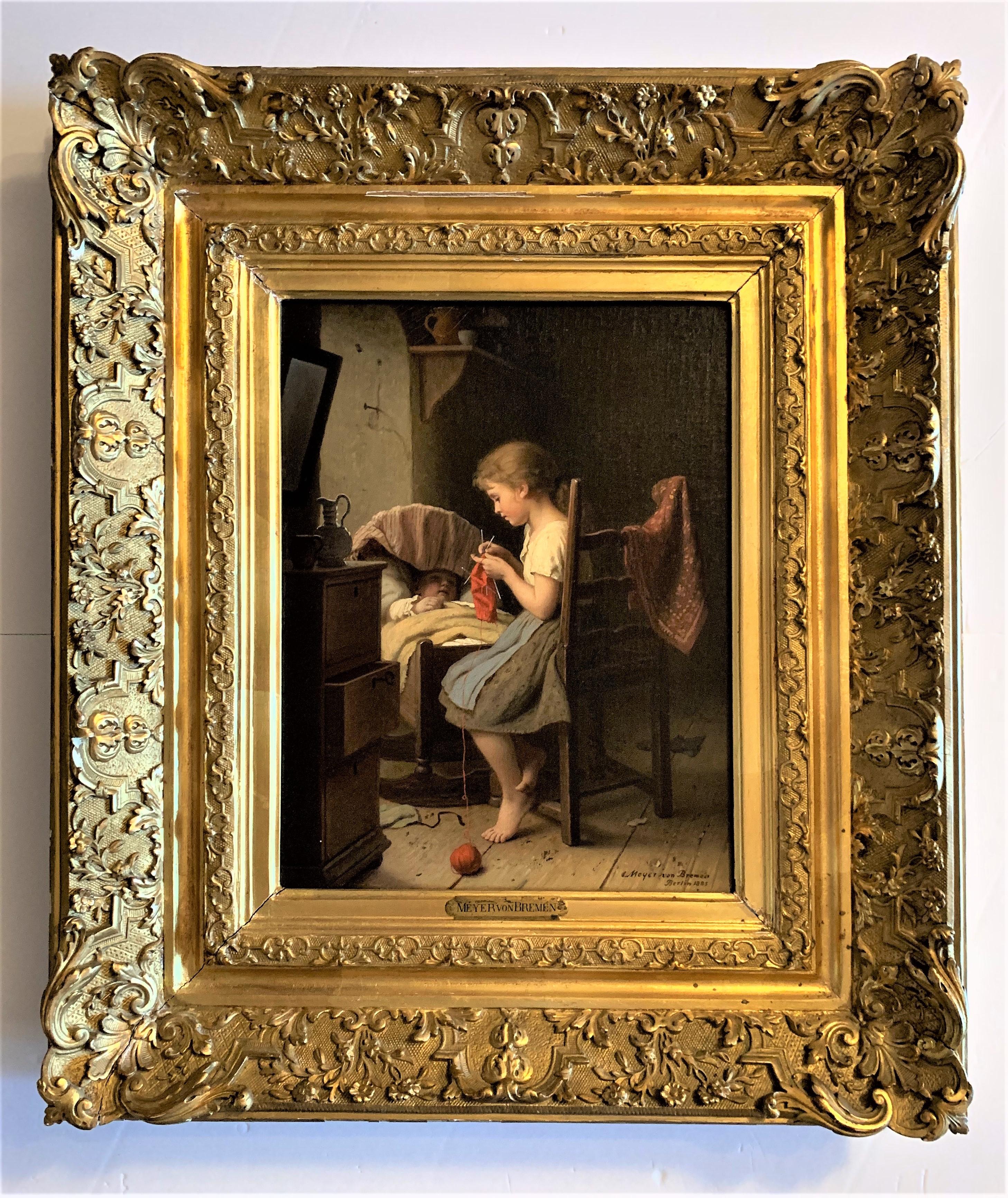 Johann Georg Meyer von Bremen Portrait Painting - Sister Knitting with Child, German Academic Realism