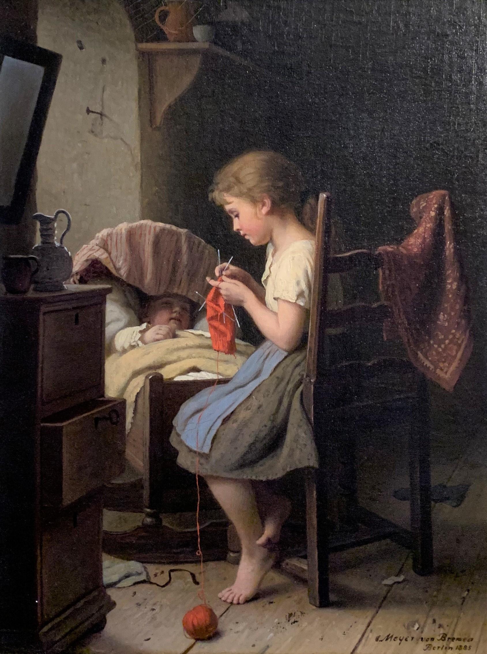 Sister Knitting with Child, German Academic Realism - Painting by Johann Georg Meyer von Bremen