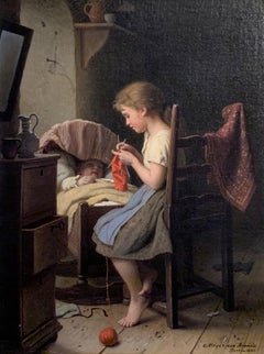 Sister Knitting with Child, German Academic Realism