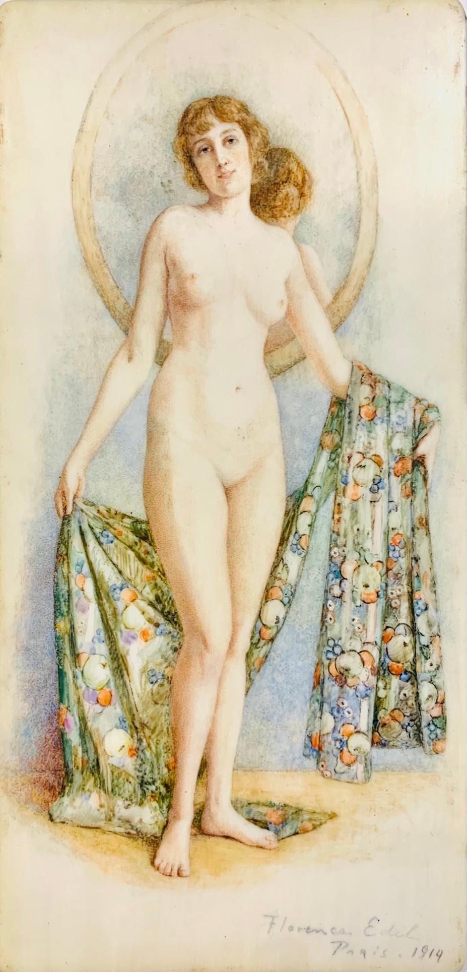 Nude Portrait with Mirror, Original Art Nouveau Painting 1914