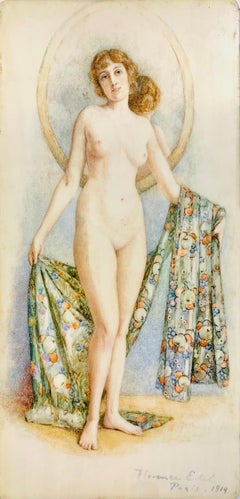 Antique Nude Portrait with Mirror, Original Art Nouveau Painting 1914