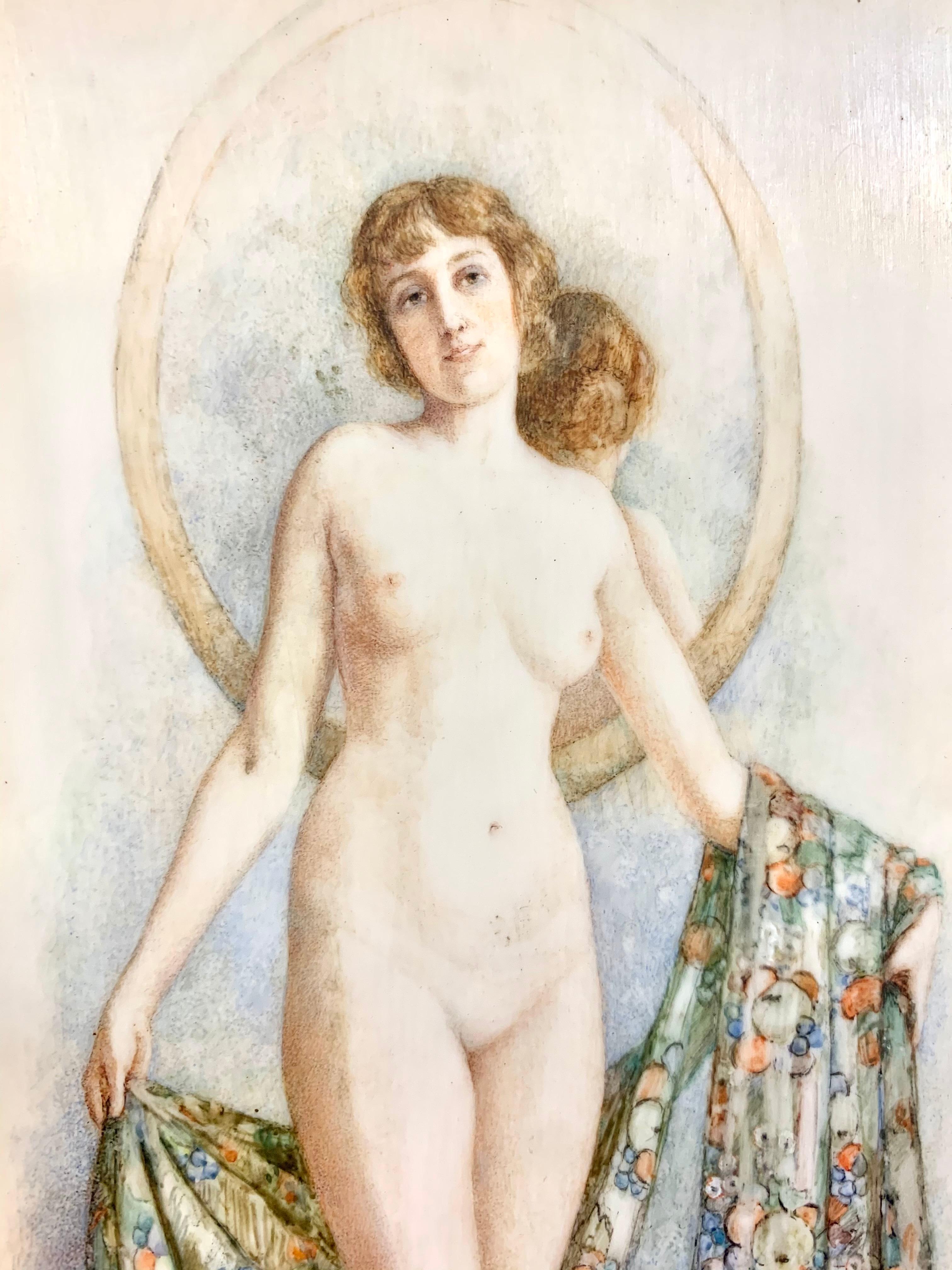 Nude Portrait with Mirror, Original Art Nouveau Painting 1914 - Beige Portrait Painting by Florence Atherton Edel