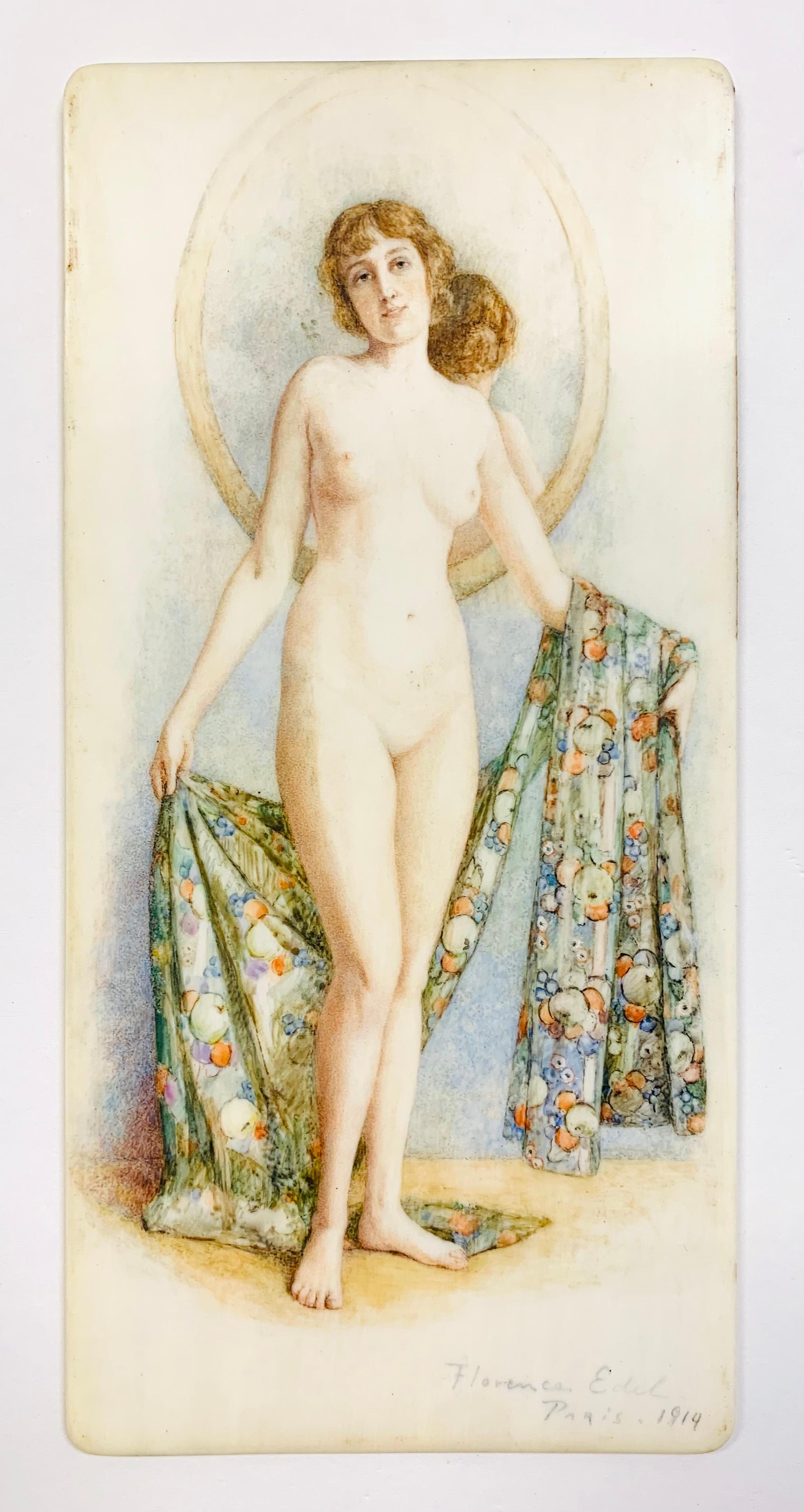 Nude Portrait with Mirror, Original Art Nouveau Painting 1914 1
