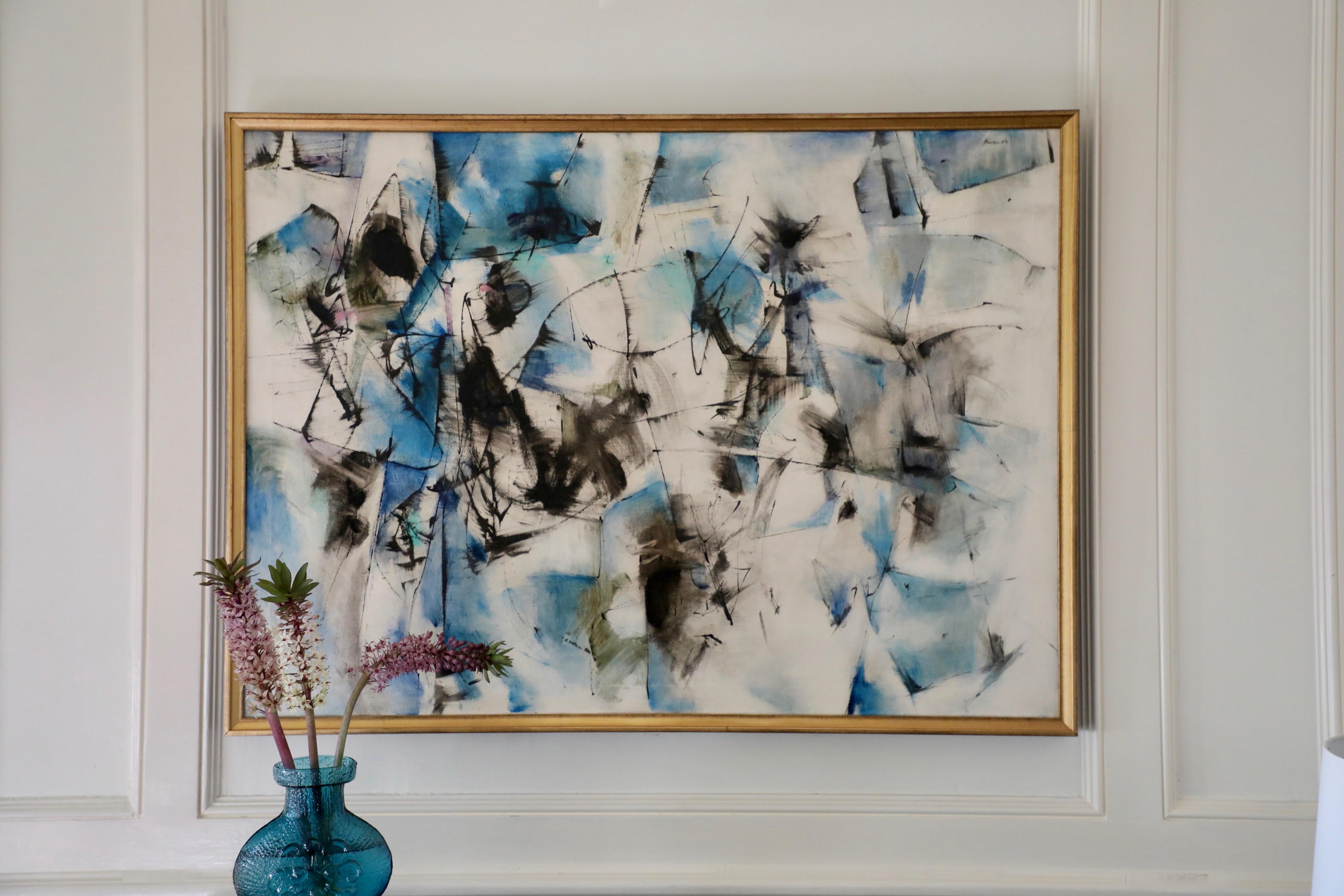 This is a large, excellent example of 1950s abstract expressionism by an acclaimed artist and teacher from the period. This is a great piece to showcase in a dining room or in a living room above a couch.  It is ethereal and other-worldly with a
