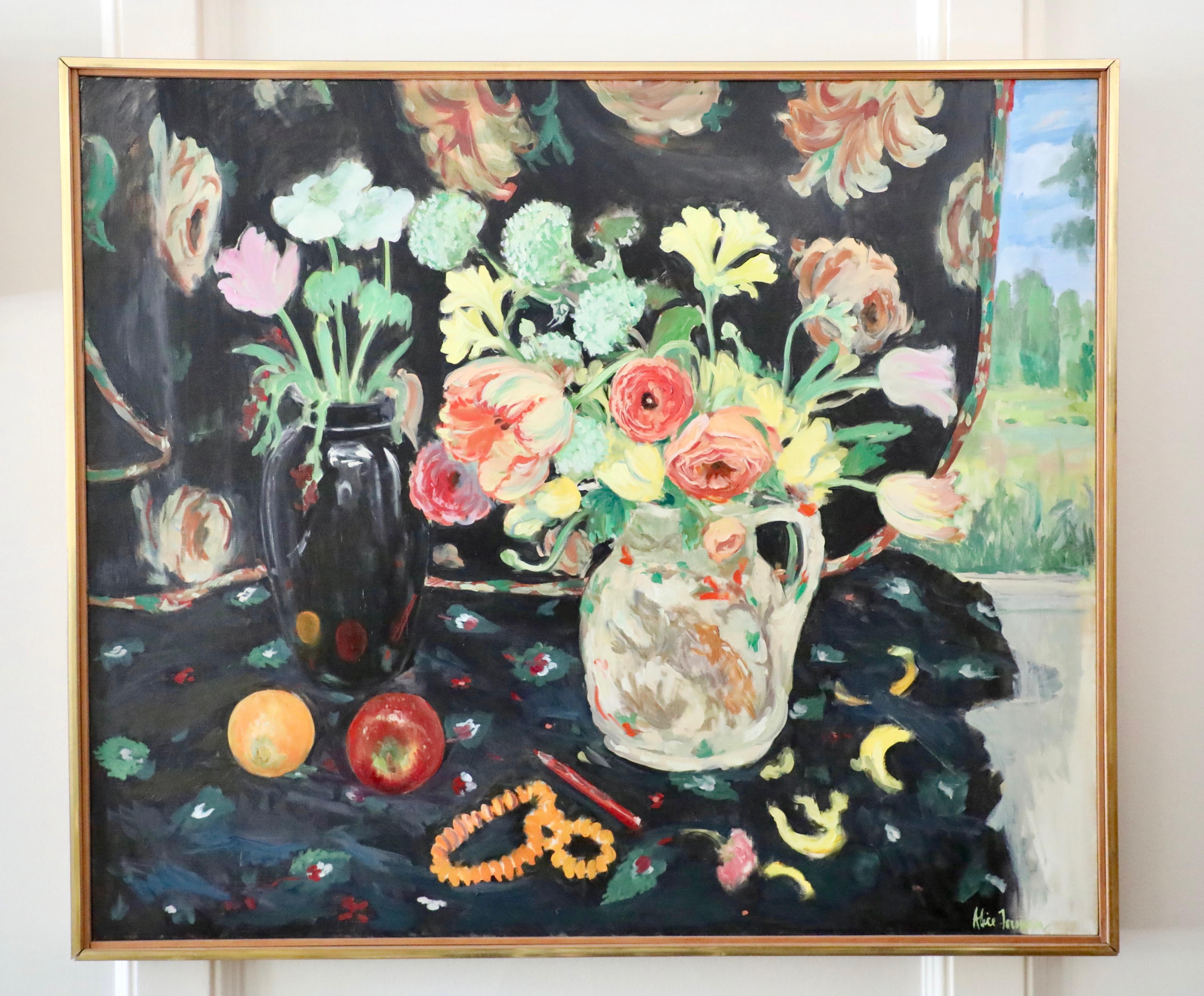 This is a colorful floral still life by American artist Alice Forman.  Entitled "ranunculus", it has a distinct modern feel due to her strategic use of black.  We also love the landscape as seen behind the curtain.    In likely original artist