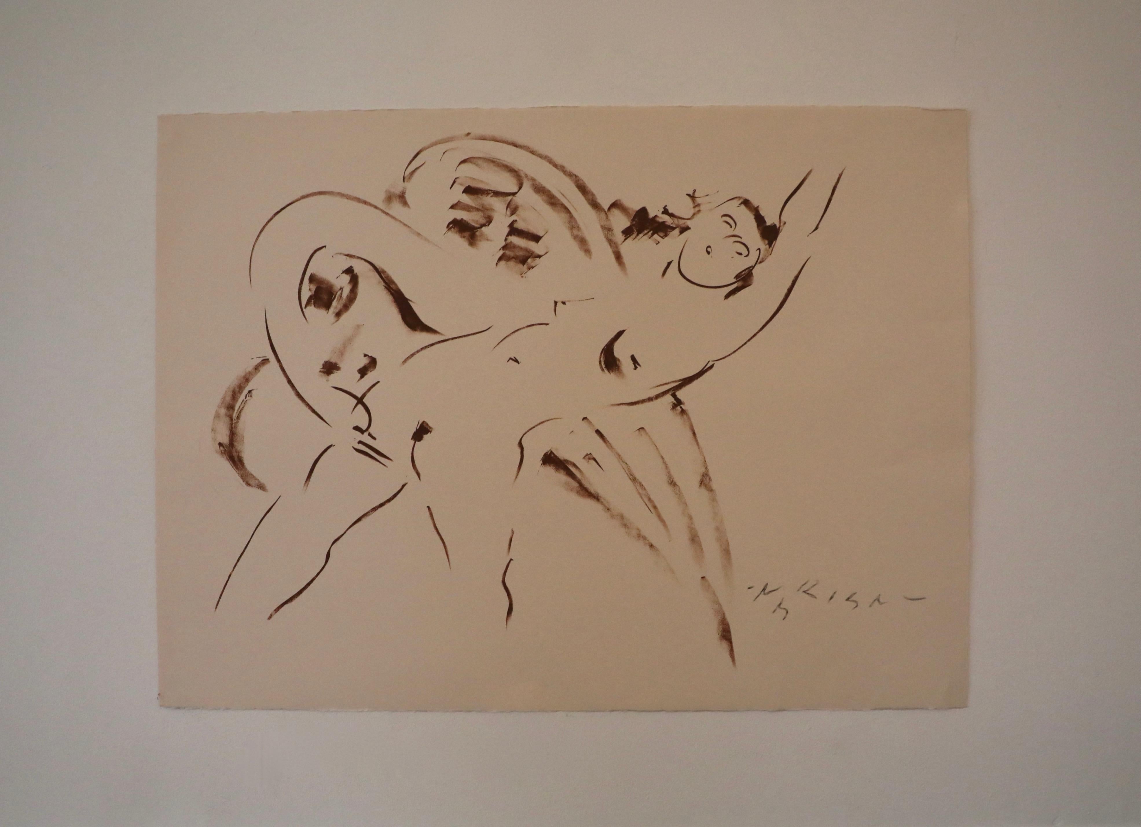 Reuben Nakian Figurative Art - Sepia Ink Drawing on Paper, Leda and the Swan