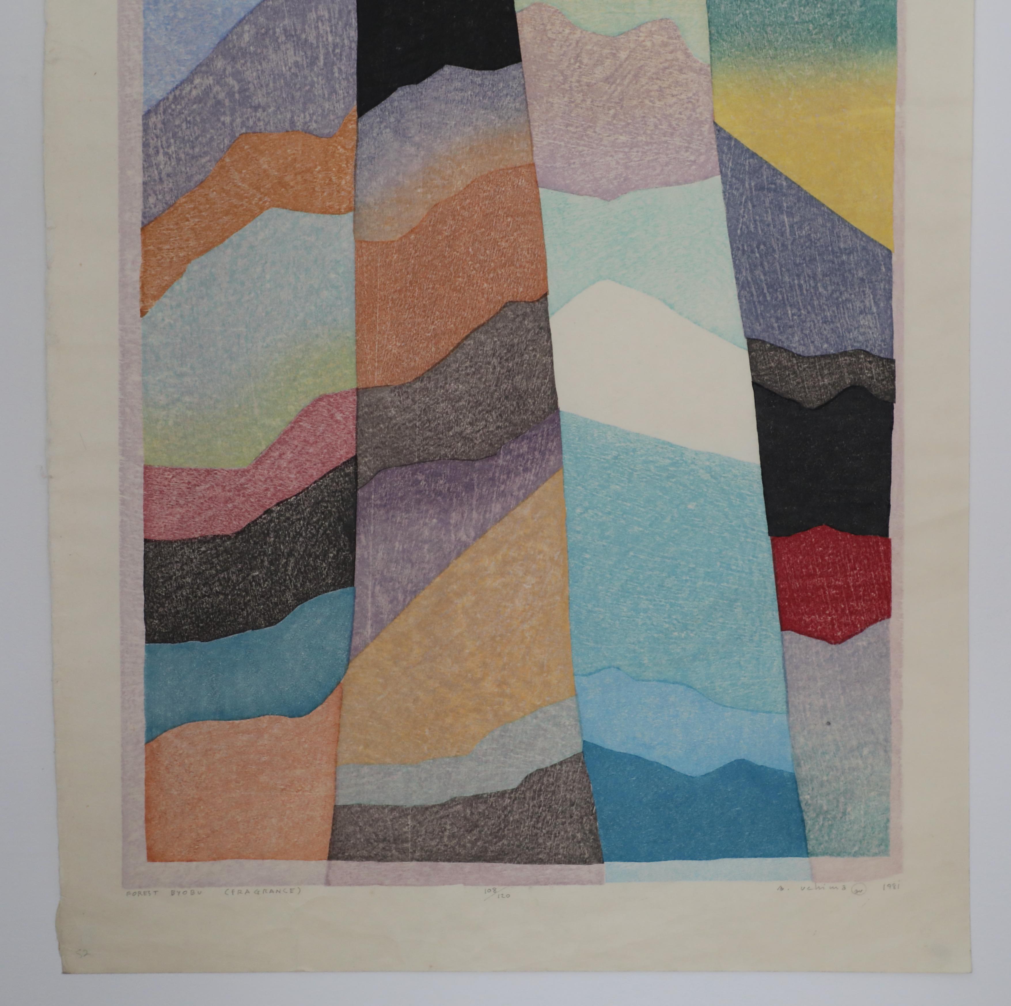 Ansei Uchima Woodblock Print on Japanese Paper, Forest Byobu 