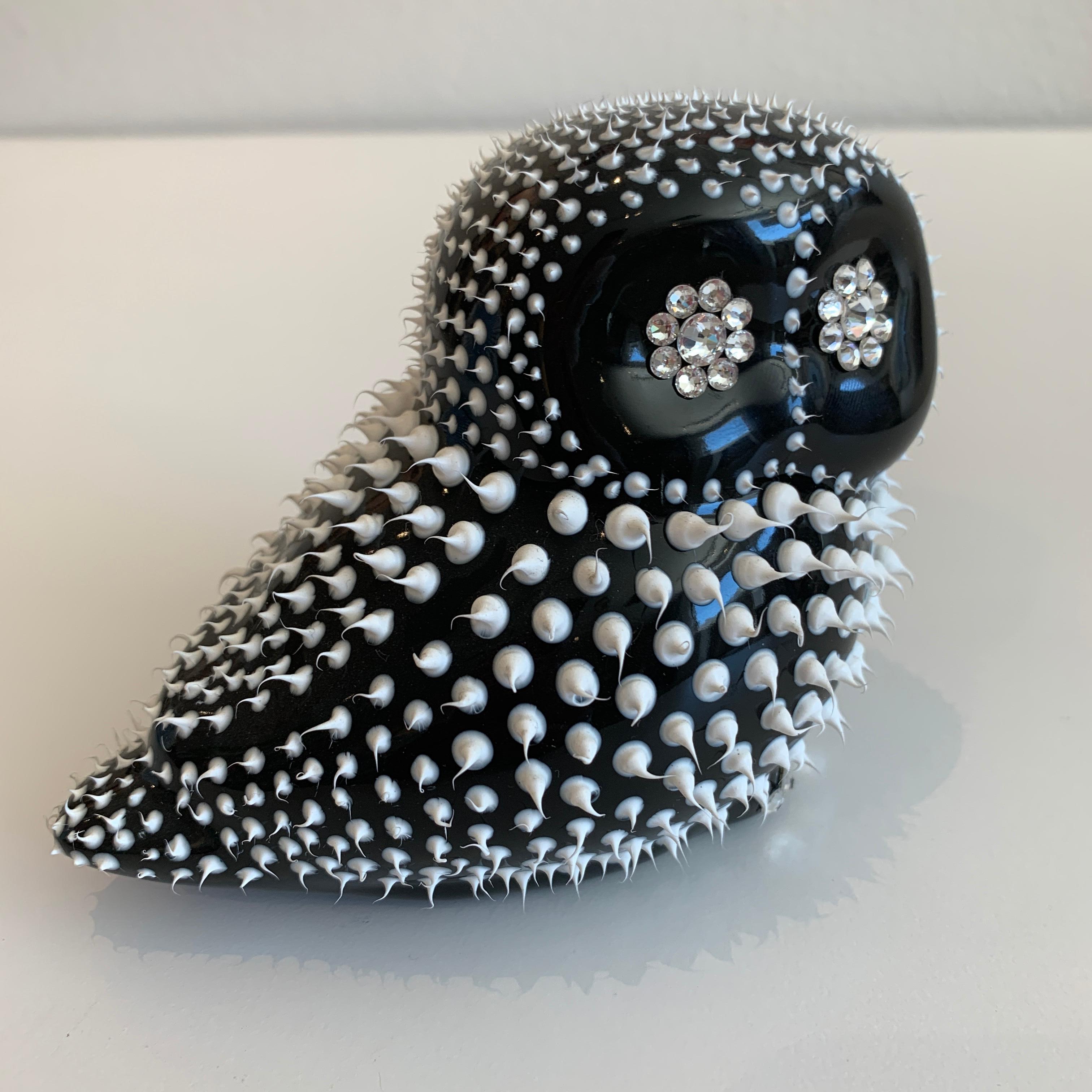 Eddy Maniez Figurative Sculpture - Eddie Maniez "Owl" Sculpture French Ceramic Silicone White Swarovski Crystal