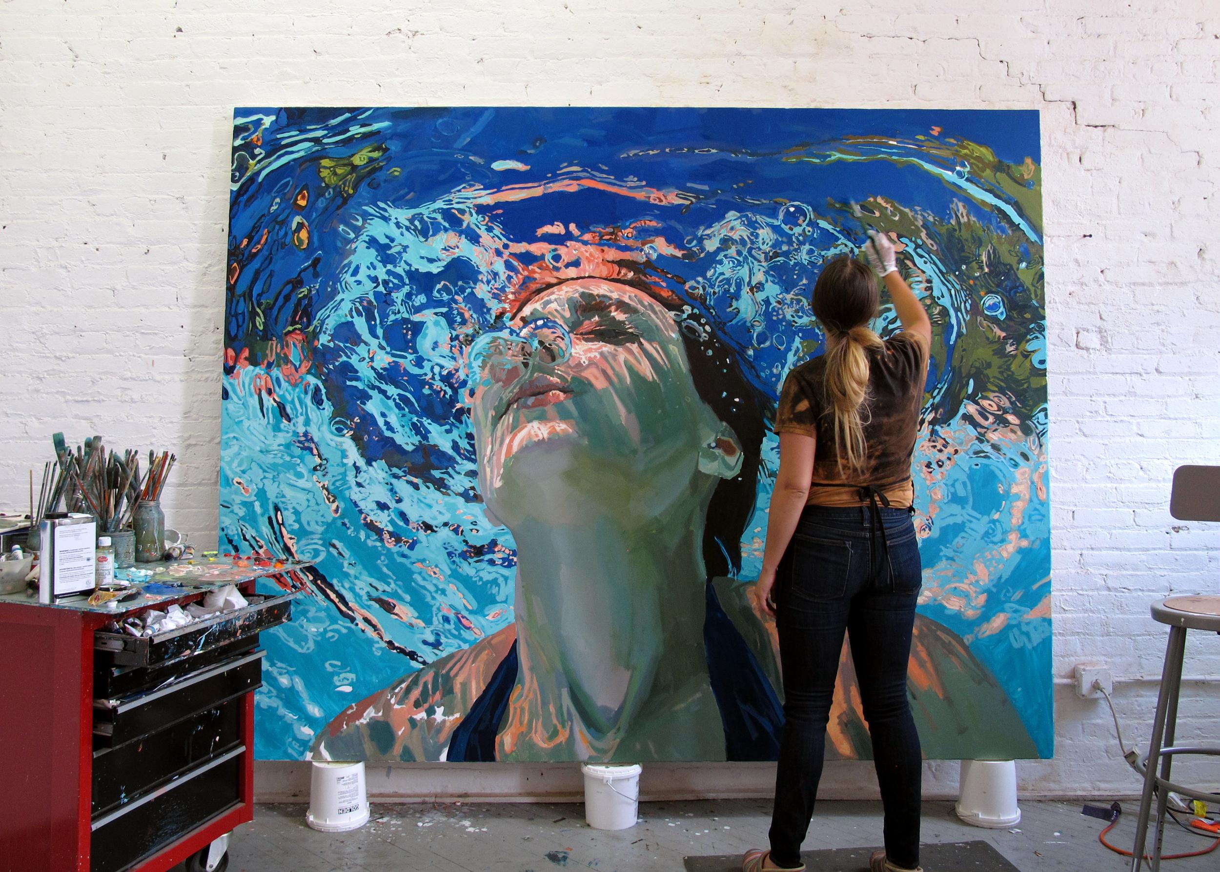 Release, Samantha French Oil on Canvas Swimming Pool Swimmer Water Female For Sale 2