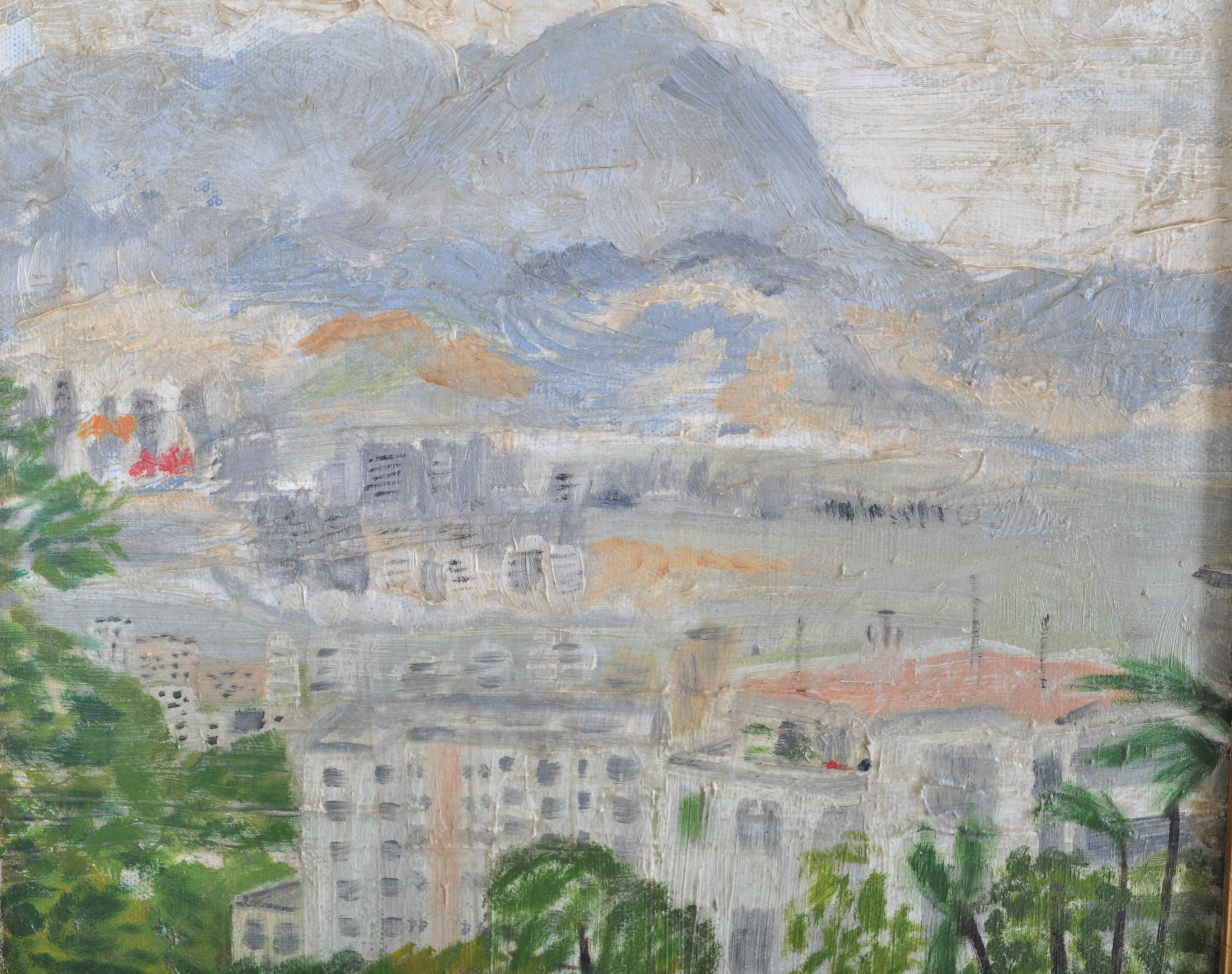 Peinture à l'huile impressionniste chinoise sur panneau - Paysage de Hong Kong - Hu Shanyu, années 1950 en vente 4