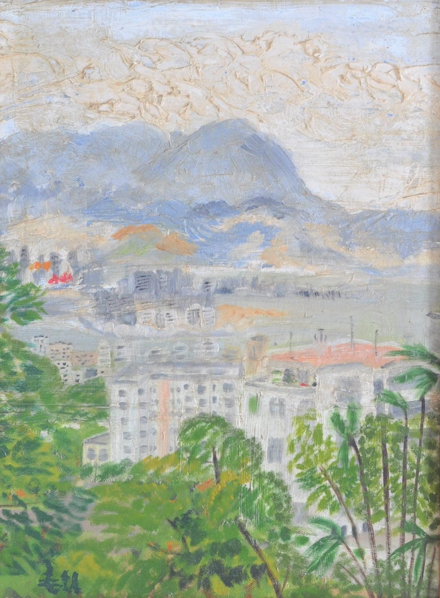 Peinture à l'huile impressionniste chinoise sur panneau - Paysage de Hong Kong - Hu Shanyu, années 1950 en vente 2