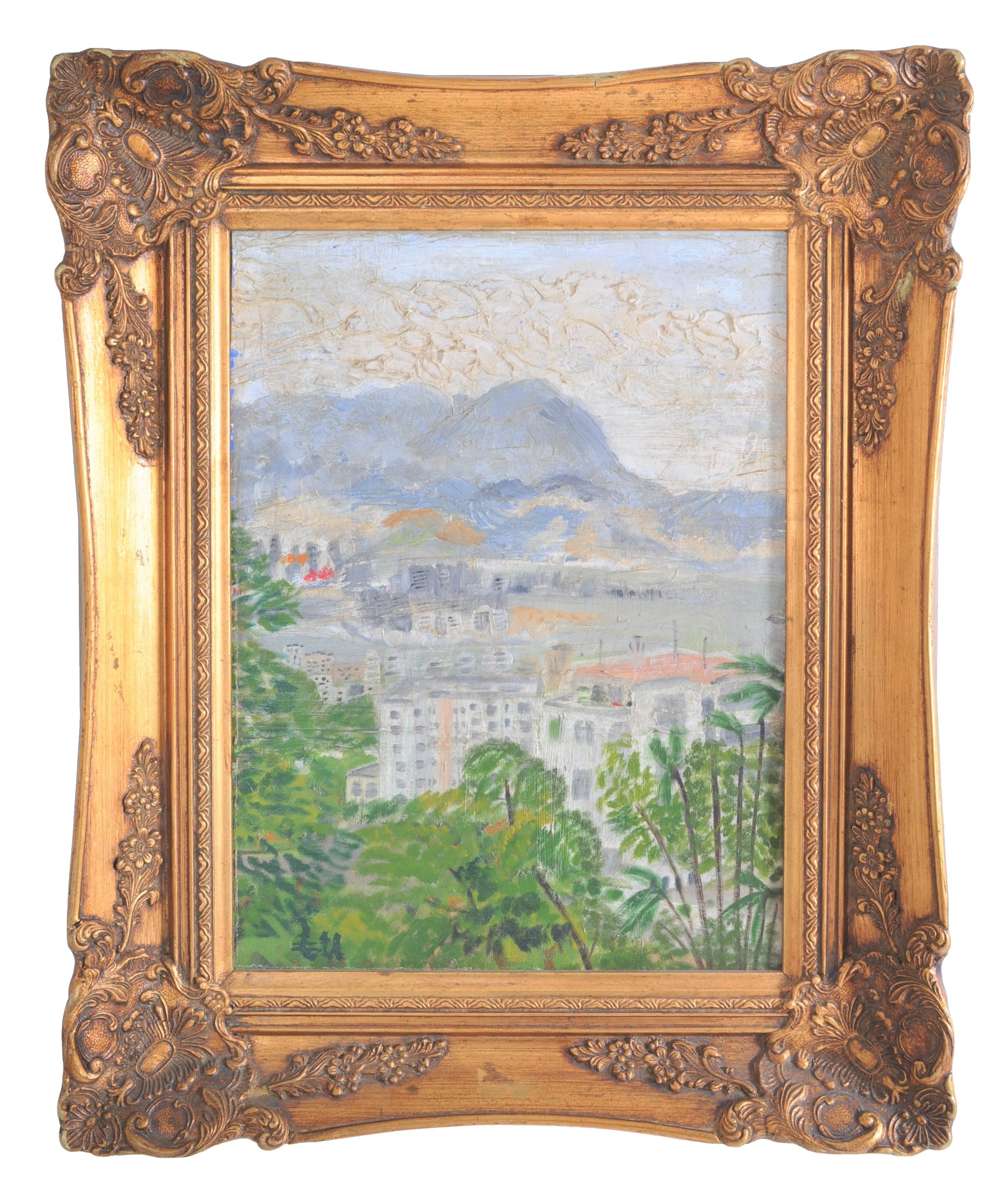 Importante peinture à l'huile originale impressionniste sur carton d'artiste, un paysage de Hong Kong vers les années 1950, par le célèbre artiste chinois Hu Shanyu (1909-1993).

Hu Shanyu est né à Guangdong, en Chine, en 1909. Il est entré à