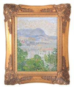 Vintage Chinese Impressionist Oil Painting on Board Hong Kong Landscape Hu Shanyu, 1950s