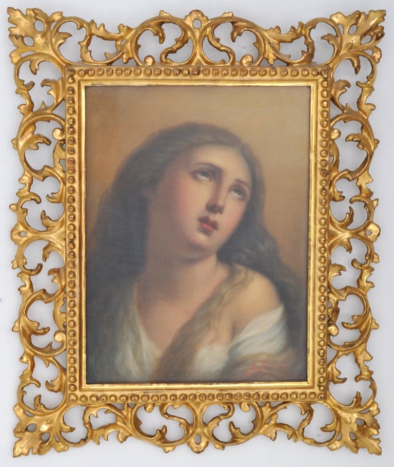 Achille Leonardi Portrait Painting - "Mary Magdalene," Antique Italian Grand Tour Oil on Canvas Circa 1840 Guido Reni