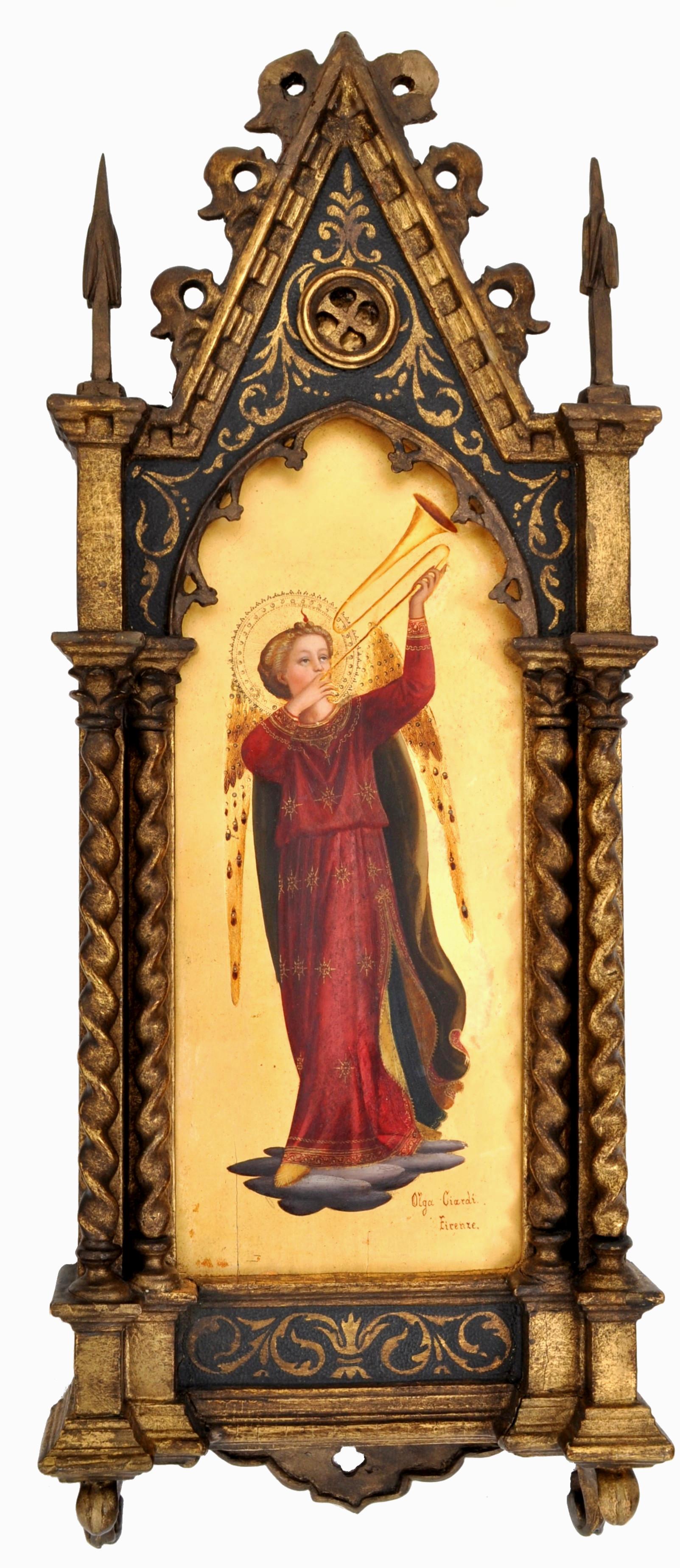 Pair of fine antique 19th Century Italian Florentine Painted Gothic Renaissance Panels by Olga Ciardi, circa 1850. The panels painted in egg tempera and in the manner of the early Renaissance artist Fra Giovanni Angelico. Each painting portraying an