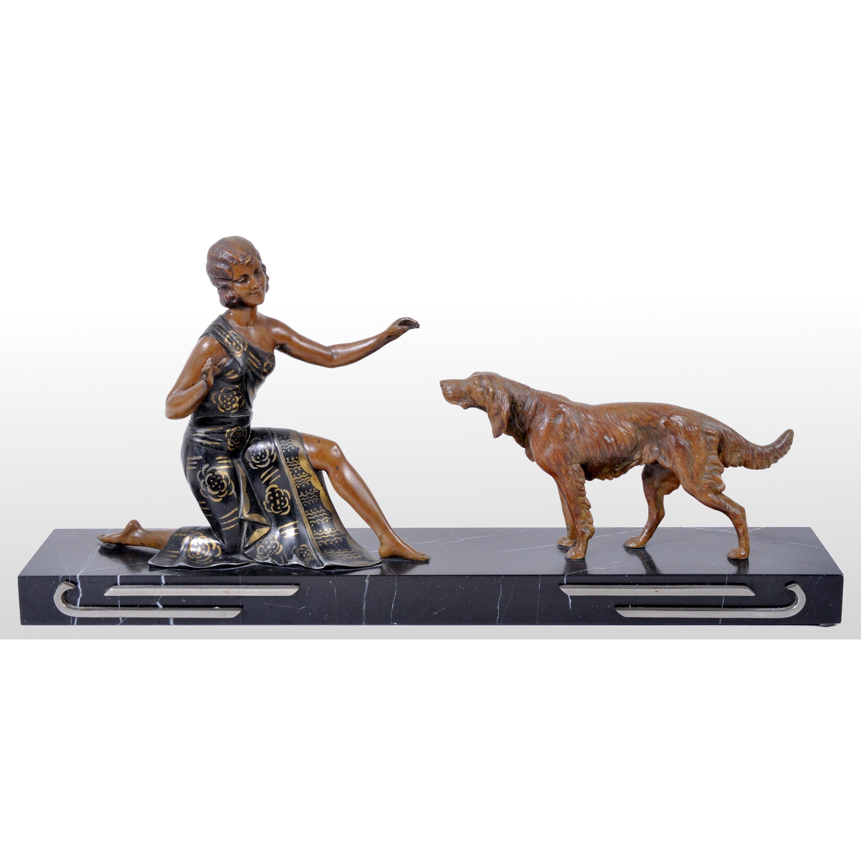Enrique Molins-Balleste Figurative Sculpture - "Fidélité par Molins" Cold-Painted Bronze Art Deco Group Female & Dog Circa 1930