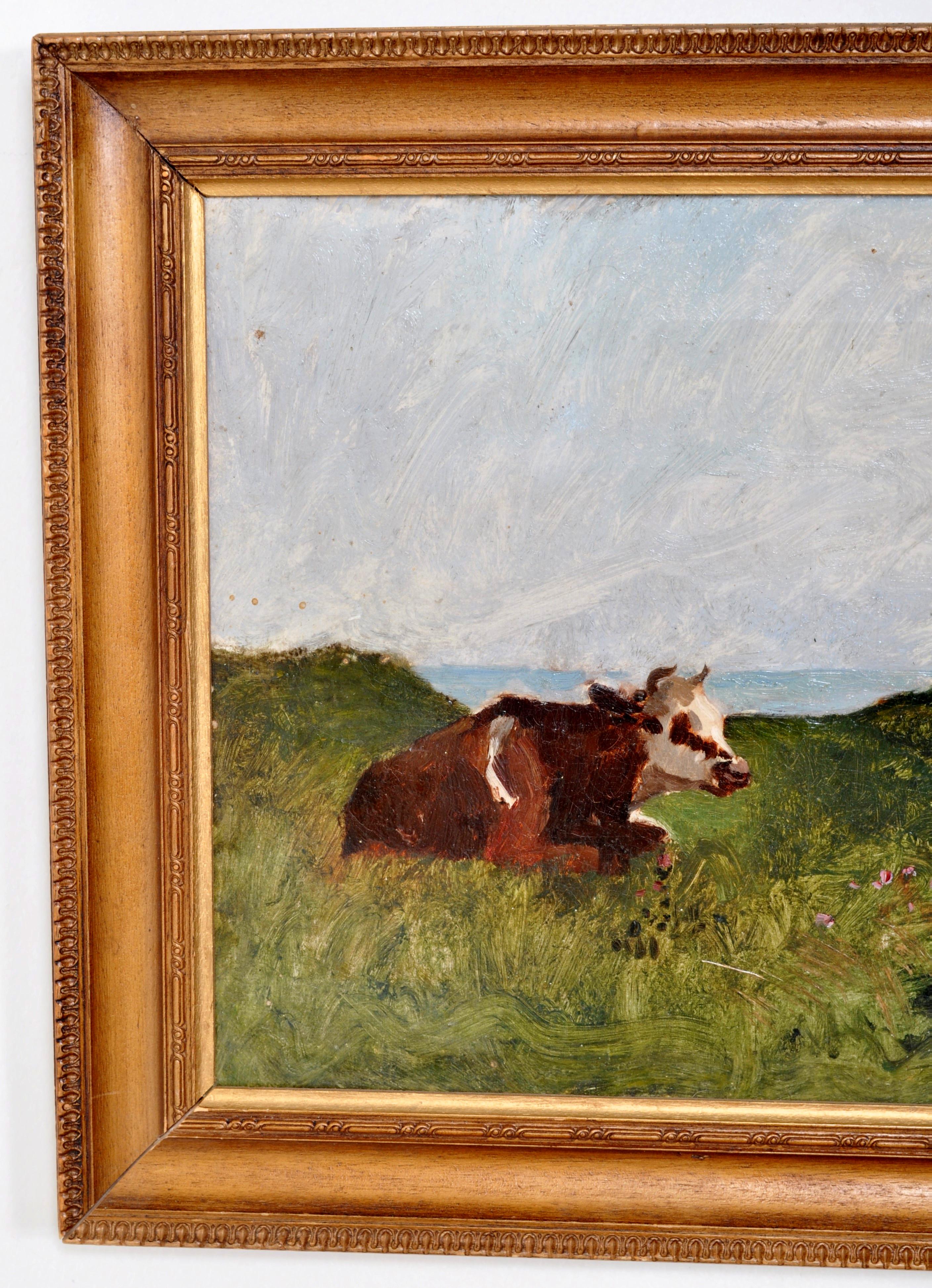A good antique French Impressionist oil on canvas Painting by Ernest Ange Duez (1843–1896), the painting circa 1880. This work depicts cows grazing on a plateau above the ocean. The painting is in good clean condition, there are two small patches to
