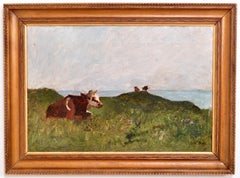 Antique French Impressionist Oil Painting on Canvas "Cows" Ernest Ange Duez 1880