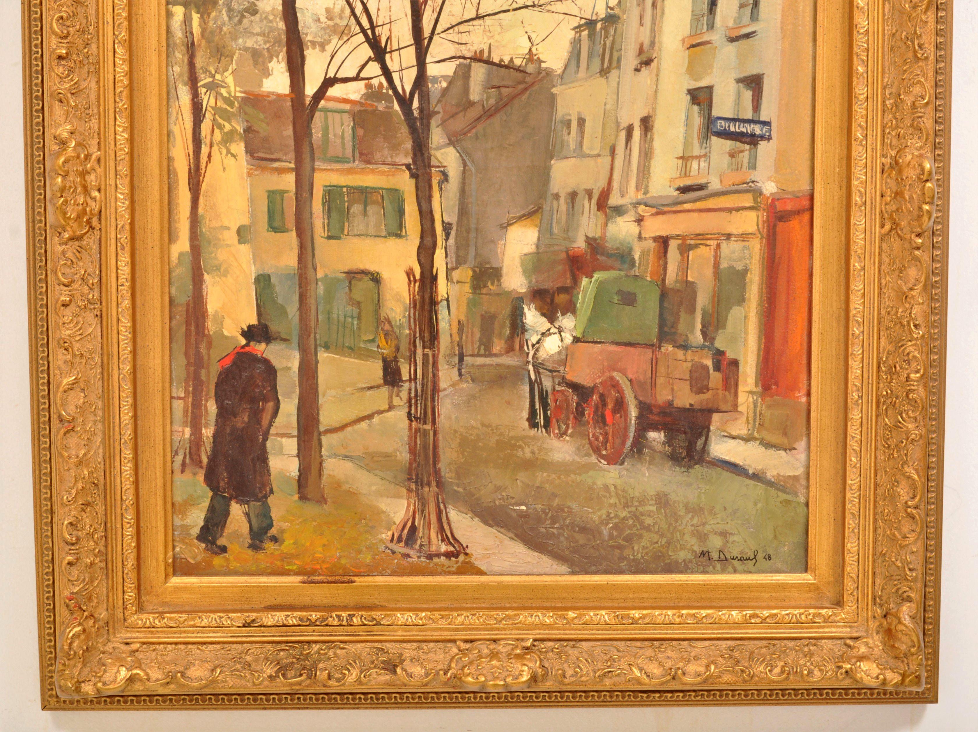 French Oil on Canvas Michel Dureuil Street Scene New School of Paris 1948 For Sale 1