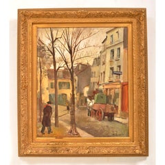 Huile sur toile Michel Dureuil Scène de rue de la nouvelle école de Paris 1948