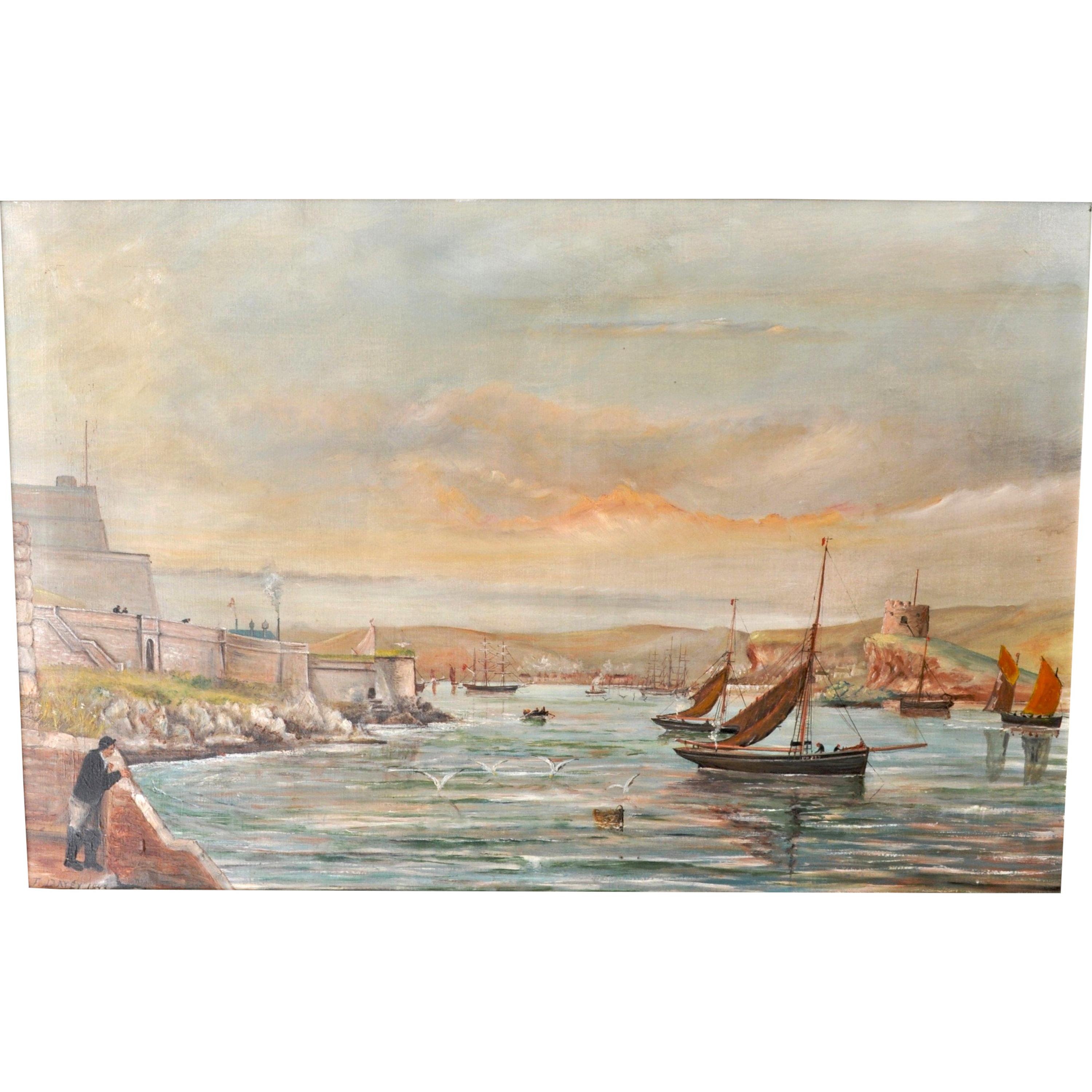 Antique Oil on Canvas Seascape Maritime Ships Painting by William Turner Davey - Brown Landscape Painting by W. T. Davey