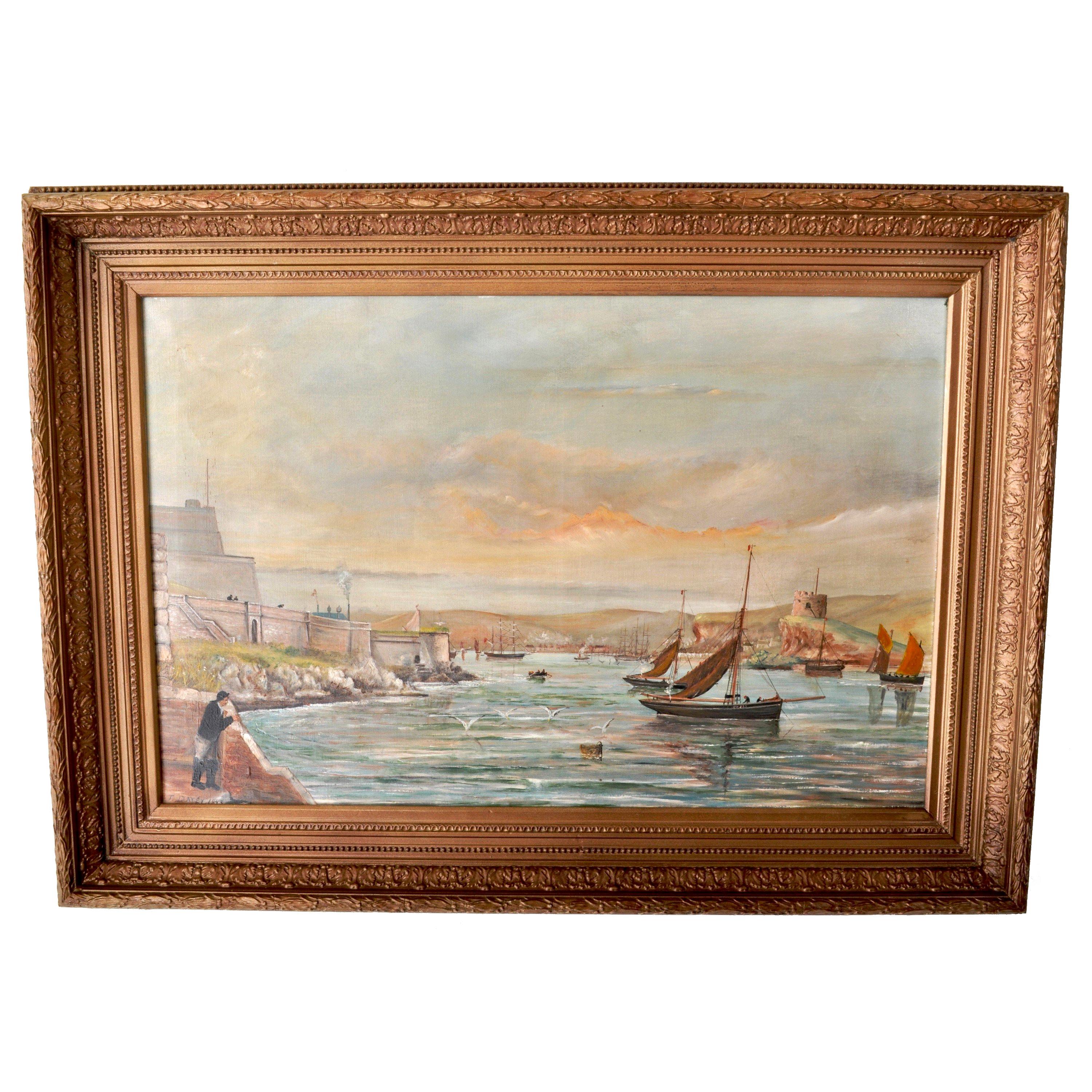 W. T. Davey Landscape Painting - Antique Oil on Canvas Seascape Maritime Ships Painting by William Turner Davey