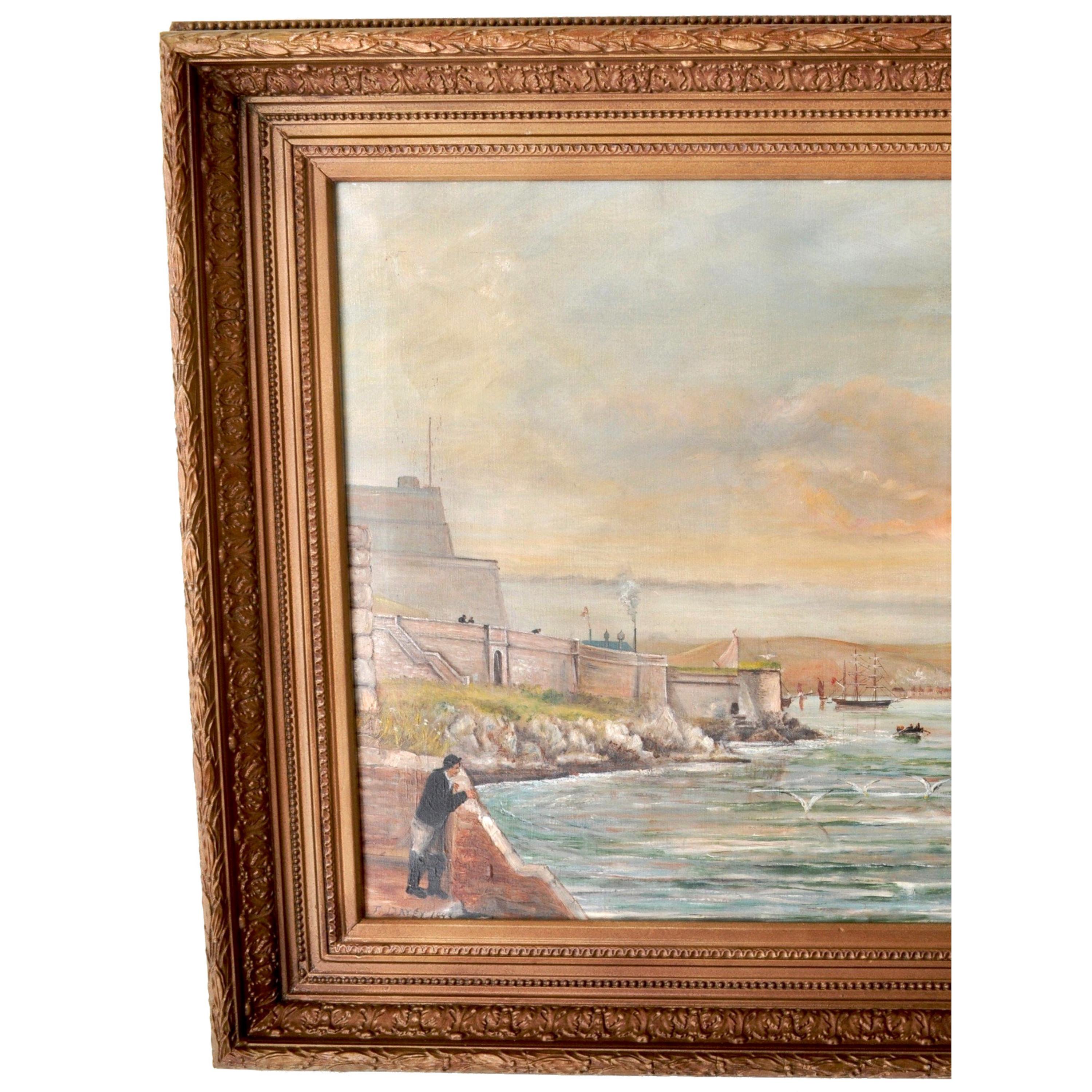Large antique Oil on Canvas maritime seascape Painting of a harbor at the Coast, by William Turner Davey (1818-1900), the painting signed and dated 1843. The painting depicts a harbor scene with tall ships and a steam ship to the background,