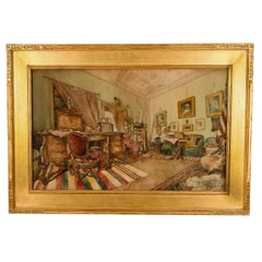 Pregevole acquerello italiano del XIX secolo che dipinge scene di interni romani del 1880