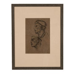 Antiguo Dibujo a Lápiz de Carboncillo English Impressionist Estudio de Retrato Dos Cabezas