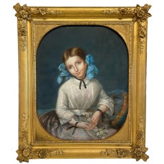 Ancienne peinture de portrait au pastel de l'école suisse du 19e siècle Belle jeune fille