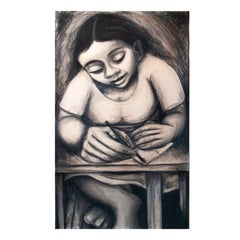 Large Charcoal Portrait Girl Writing Letter La Pensadora The Thinker Puerto Rico