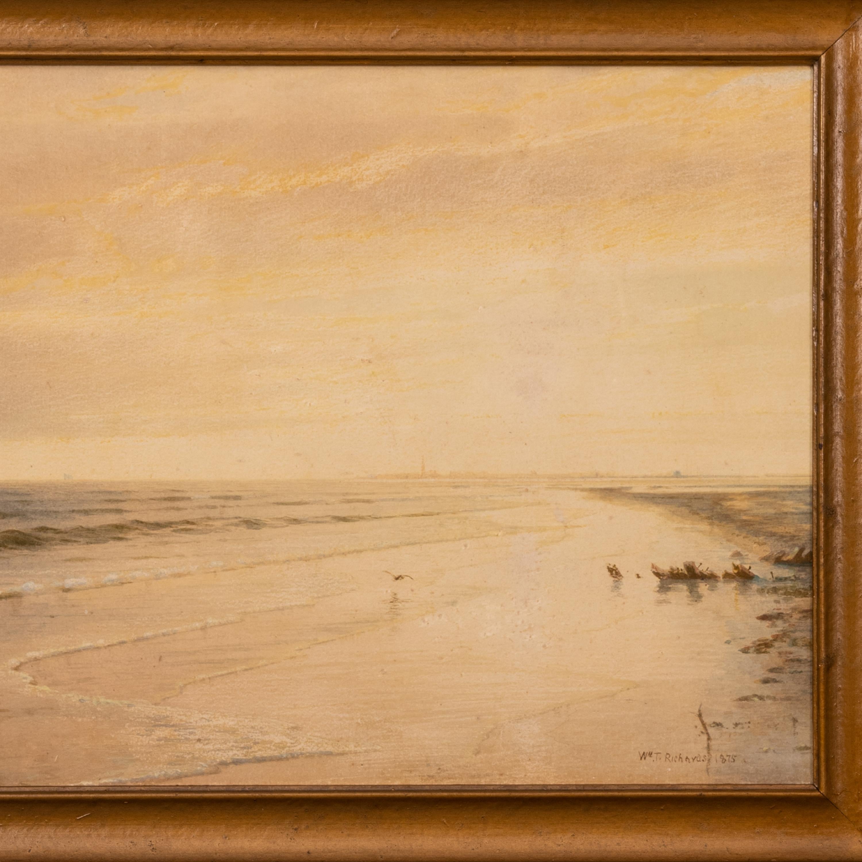 A fine and important painting by the celebrated American Hudson River School painter William Trost Richards (1833-1905), the painting depicting the coastline at sunset Atlantic City, NJ, signed and dated 1875.
This watercolor is fresh to the market