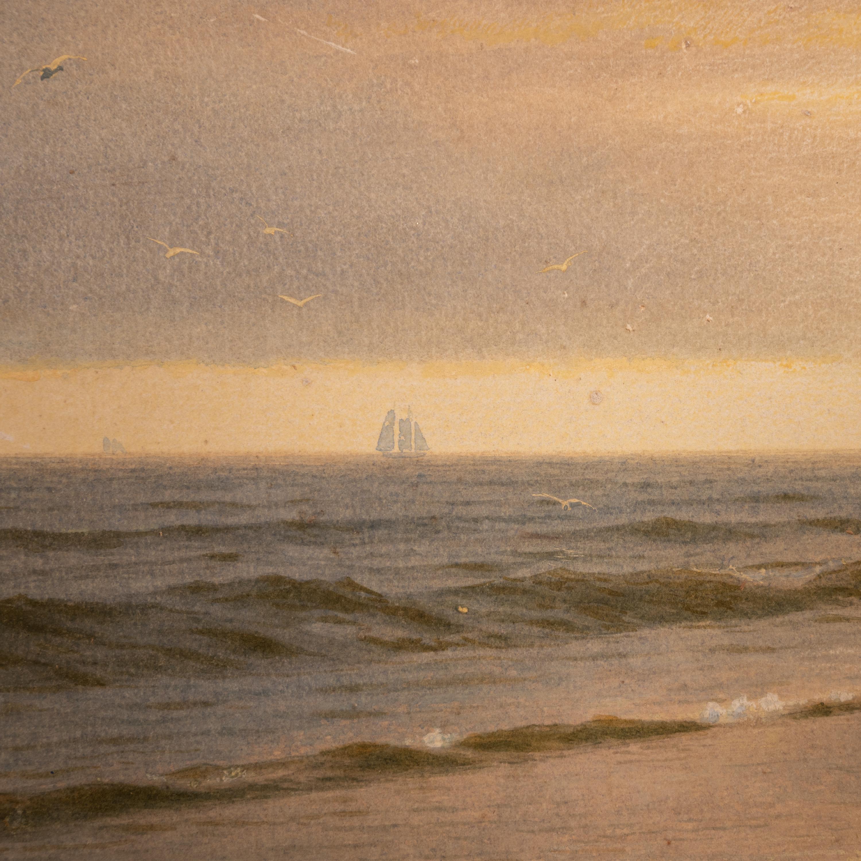 American Watercolor Atlantic City New Jersey Coast Beach Sunset Signed Date 1875 For Sale 3