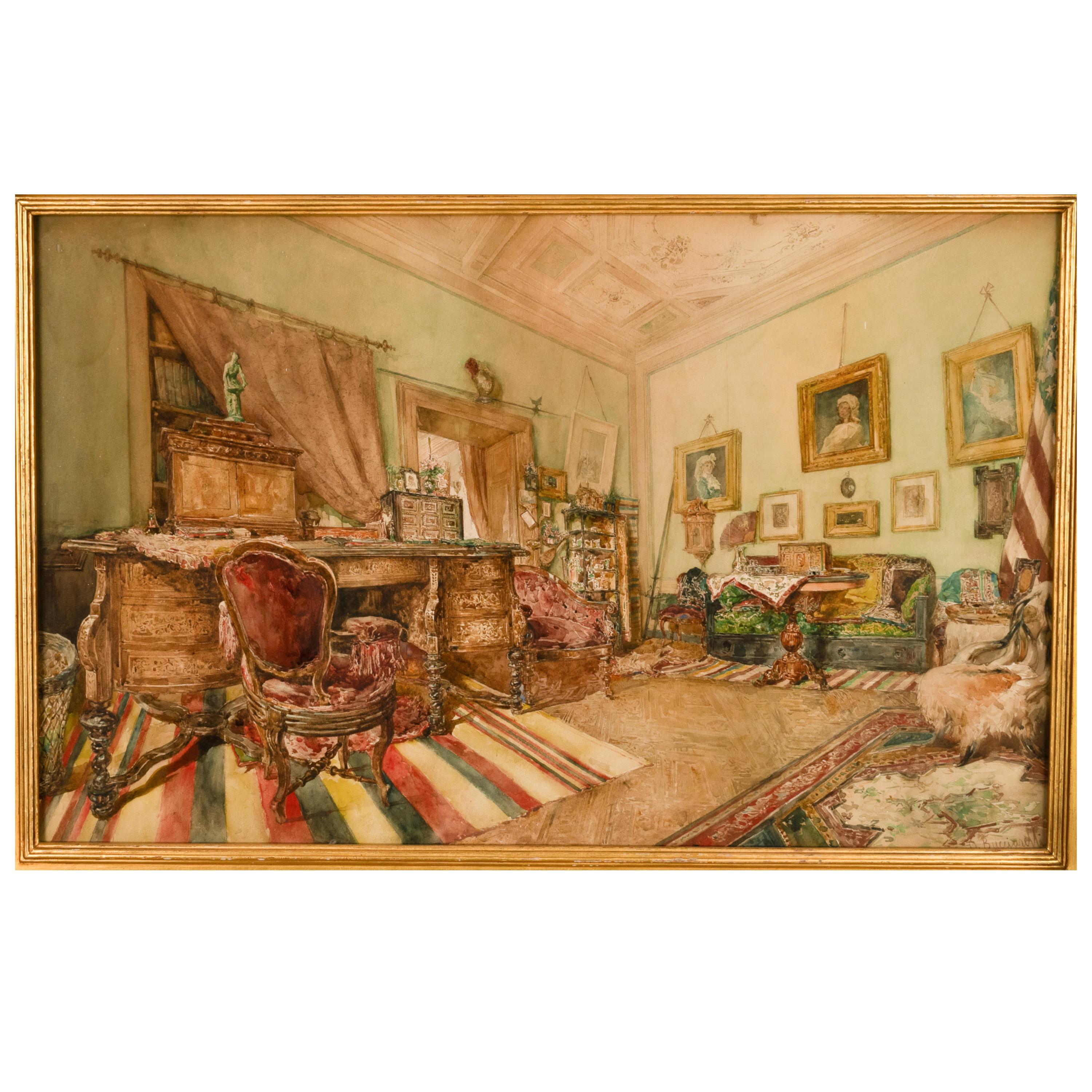 Pregevole acquerello italiano del XIX secolo che dipinge scene di interni romani del 1880 - Art di Daniele Bucciarelli