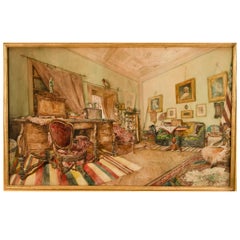 Fine Antique 19th Century Italian Watercolor Roman Interior Scene Painting 1880