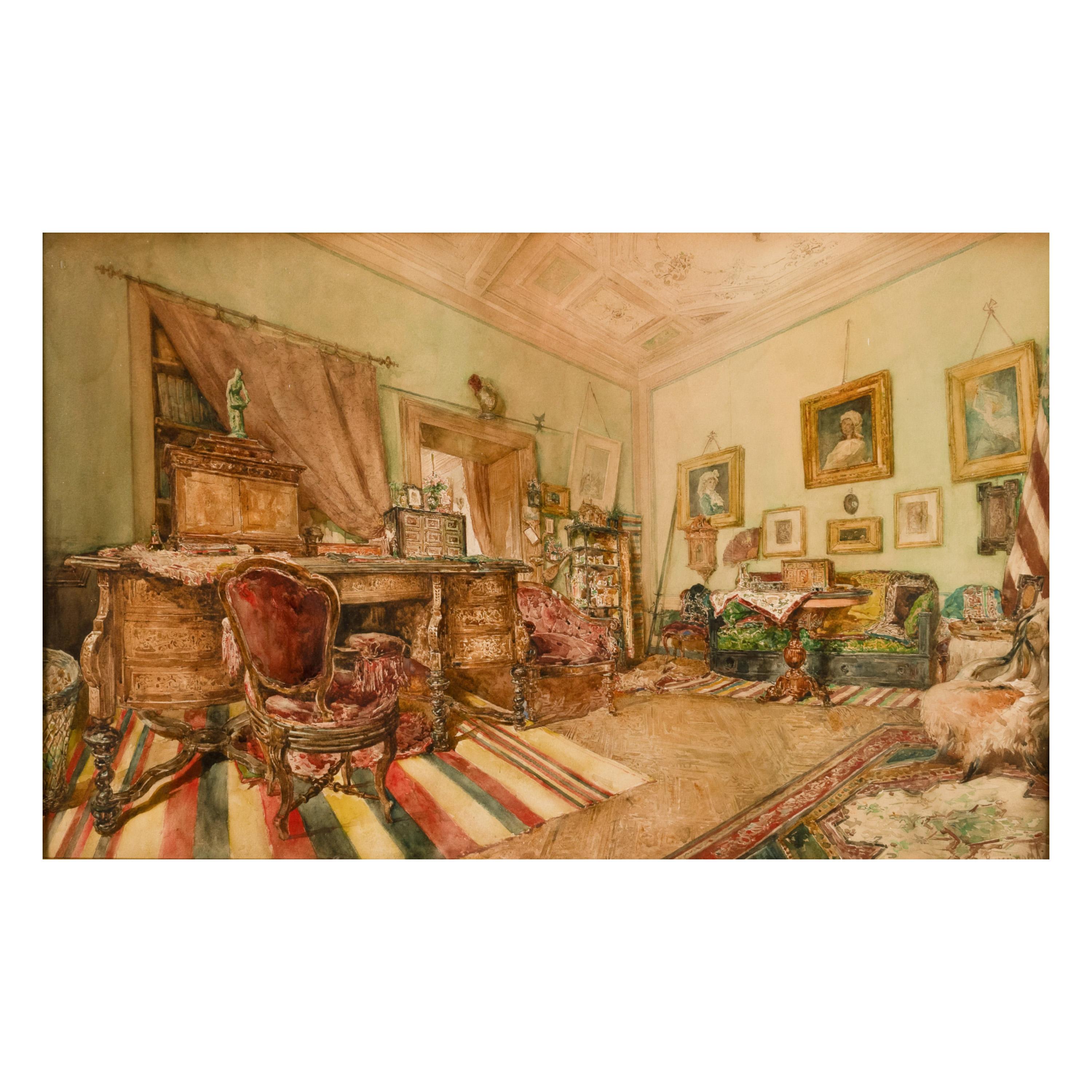 Pregevole acquerello italiano del XIX secolo che dipinge scene di interni romani del 1880 - Art Scuola italiana di Daniele Bucciarelli
