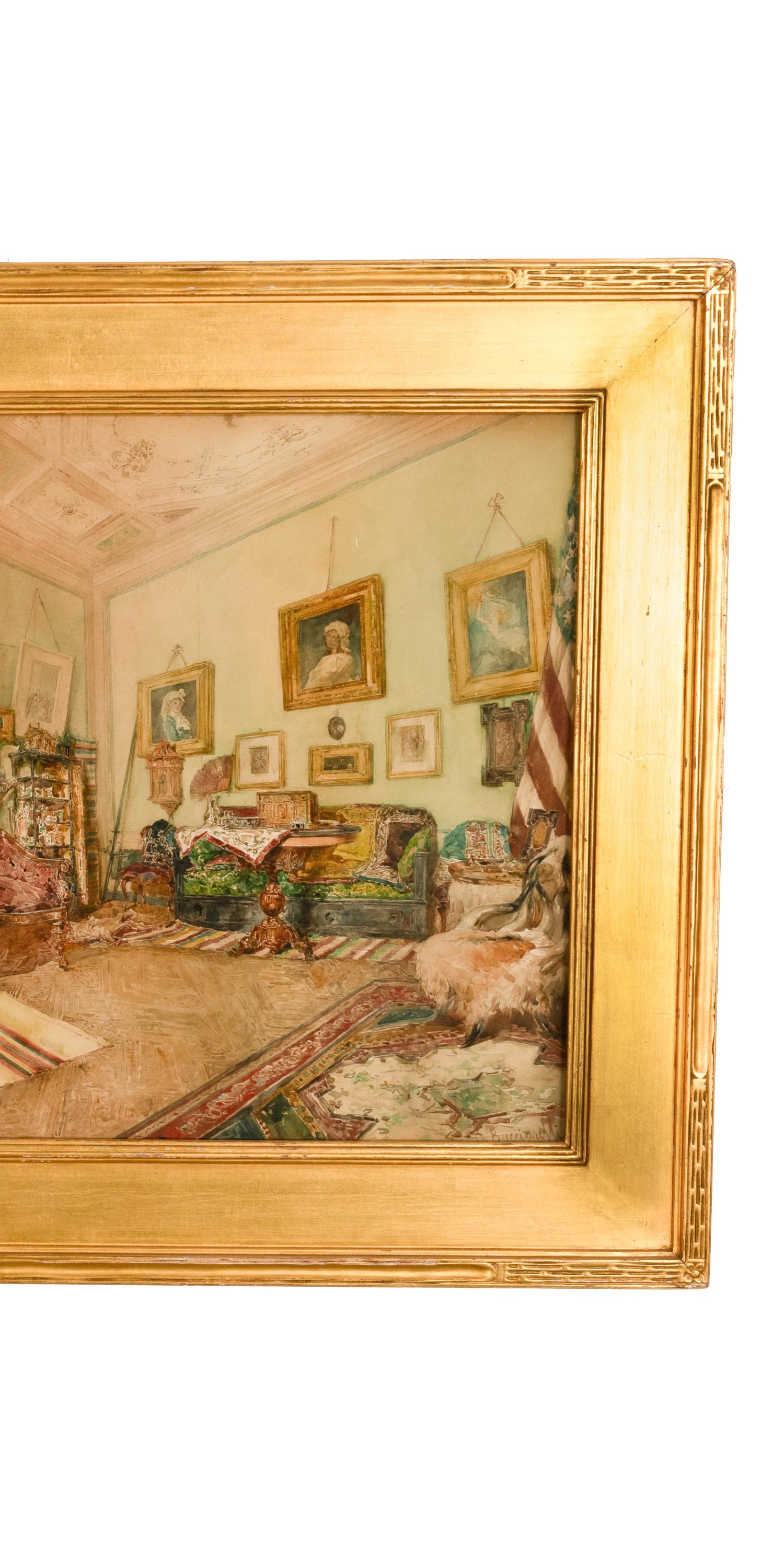 Un bellissimo acquerello del celebre artista italiano Daniele Bucciarelli (1839-1911), raffigurante una scena d'interni del 1880 circa.
Il dipinto raffigura l'interno di una grande stanza di un palazzo romano con un soffitto a volta decorato,