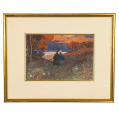 Antique Russian French Impressionist Watercolor Gouache Painting Romantic Couple