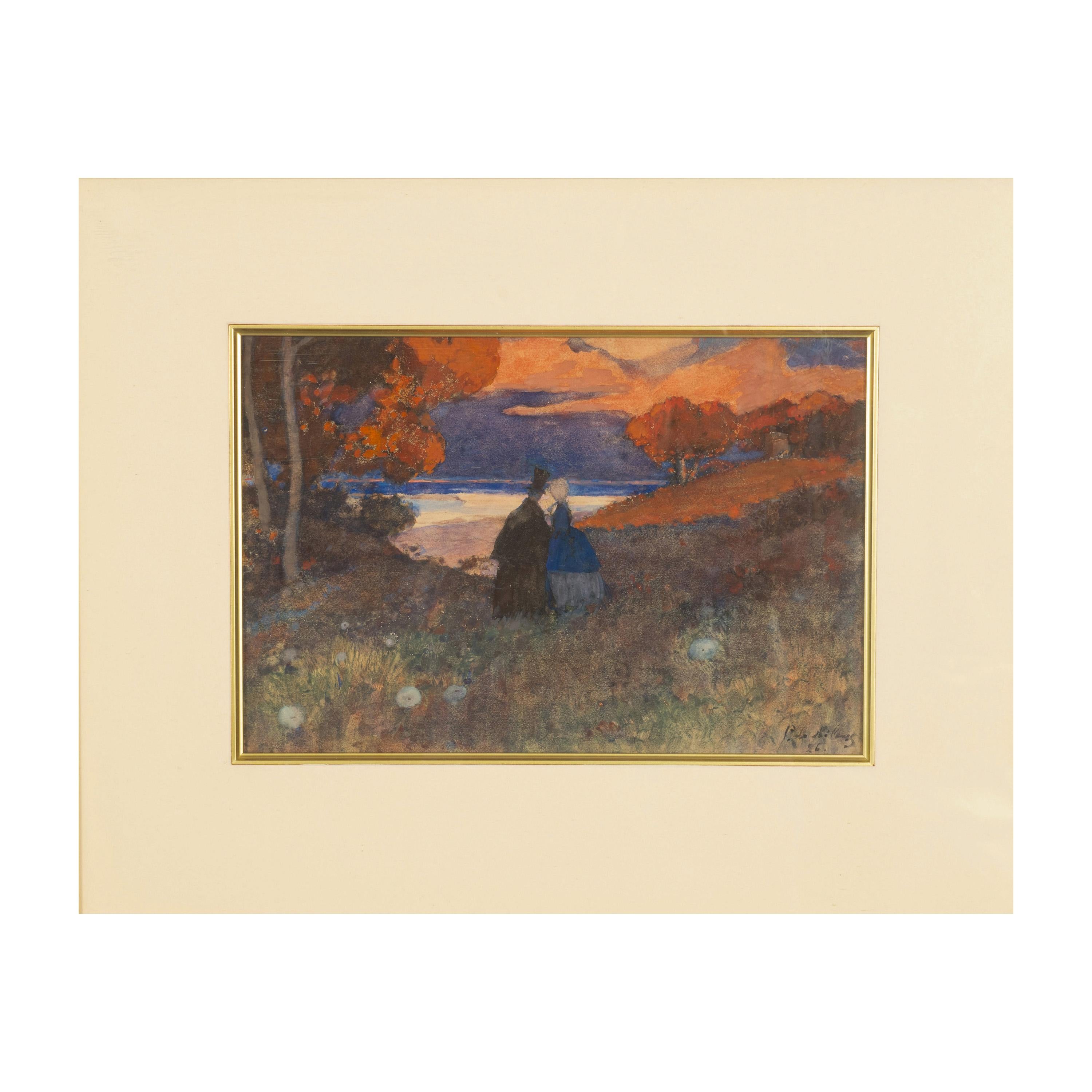 Antike russische Französisch Impressionist Aquarell Gouache Malerei Romantisches Paar – Art von Pyotr Alexandrovich Nilus