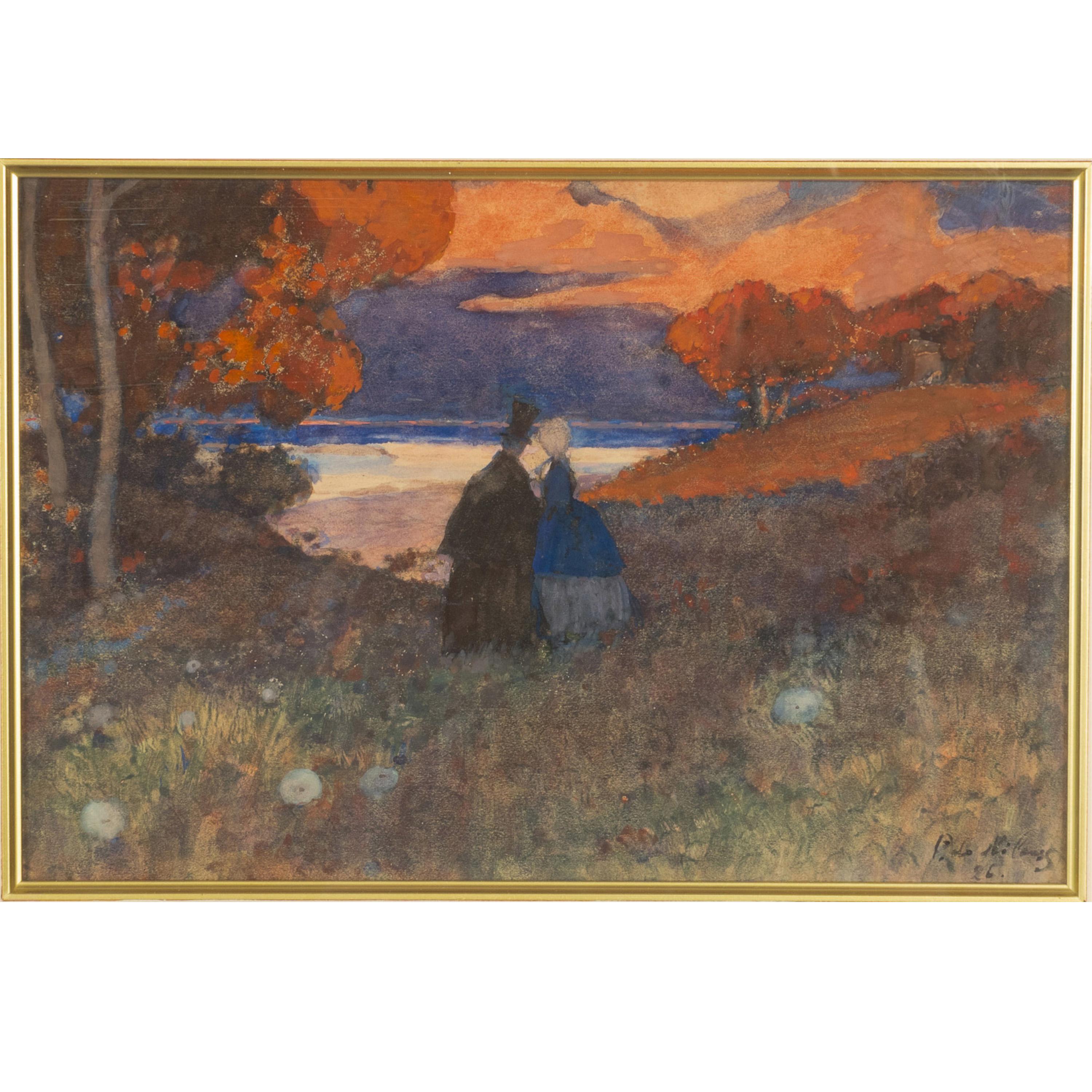 Antike russische Französisch Impressionist Aquarell Gouache Malerei Romantisches Paar (Impressionismus), Art, von Pyotr Alexandrovich Nilus