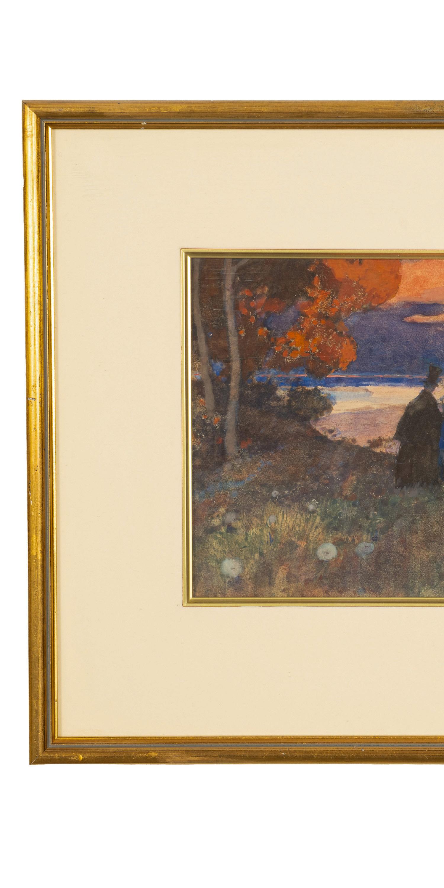 Antike russische Französisch Impressionist Aquarell Gouache Malerei Romantisches Paar (Beige), Figurative Art, von Pyotr Alexandrovich Nilus