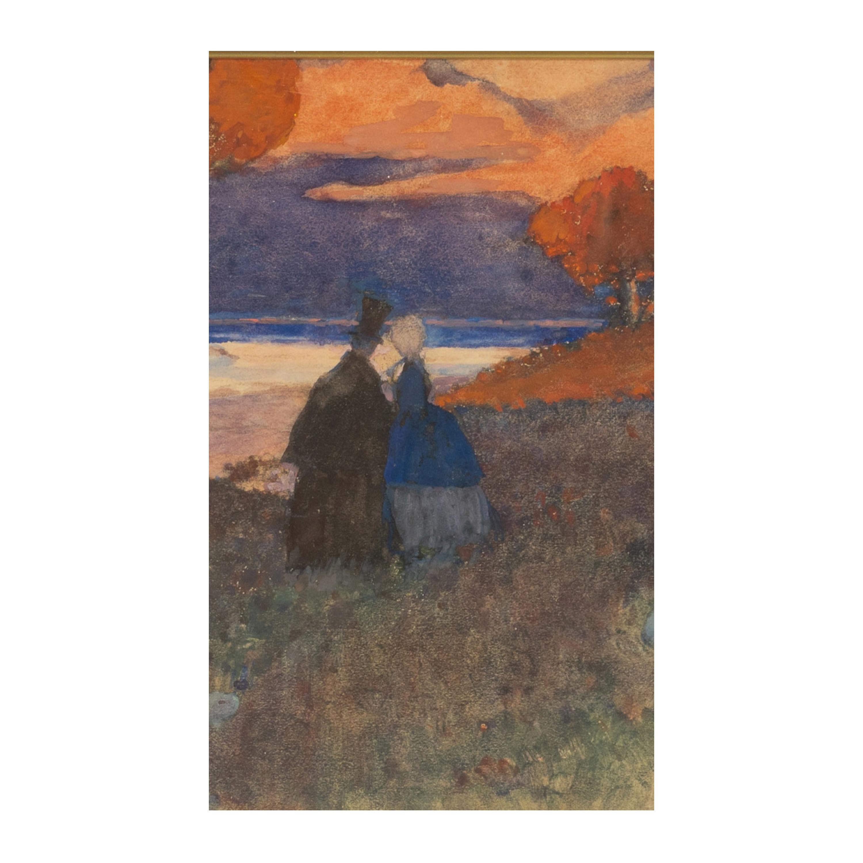 Antike russische Französisch Impressionist Aquarell Gouache Malerei Romantisches Paar im Angebot 2