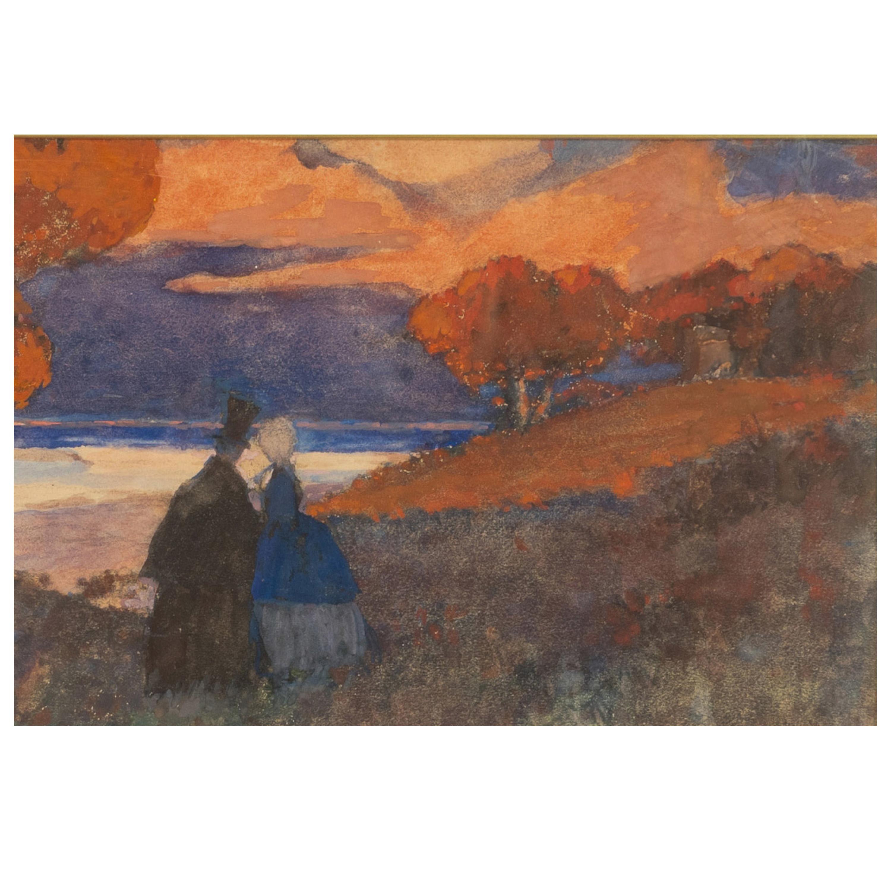 Antike russische Französisch Impressionist Aquarell Gouache Malerei Romantisches Paar im Angebot 3