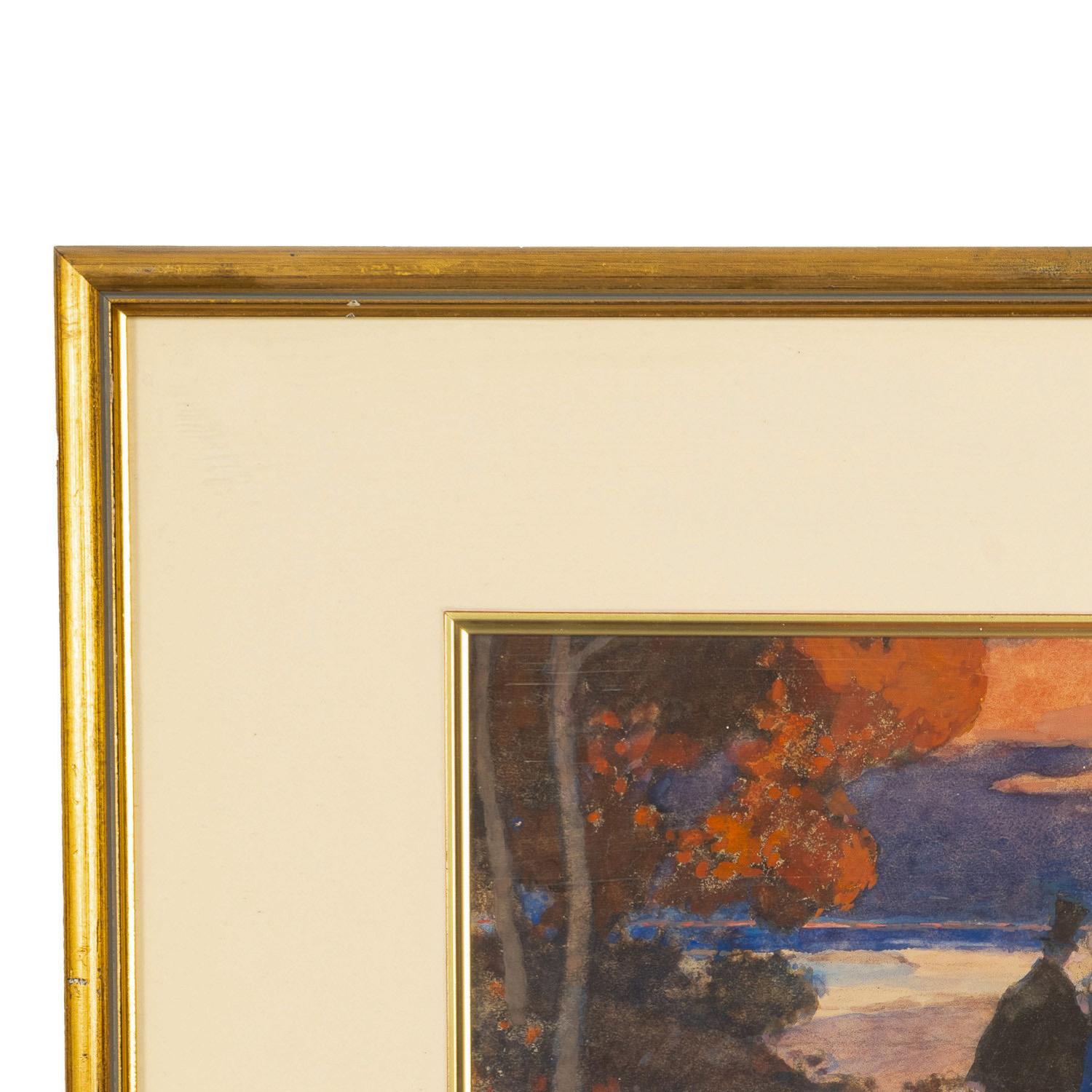 Antike russische Französisch Impressionist Aquarell Gouache Malerei Romantisches Paar im Angebot 4