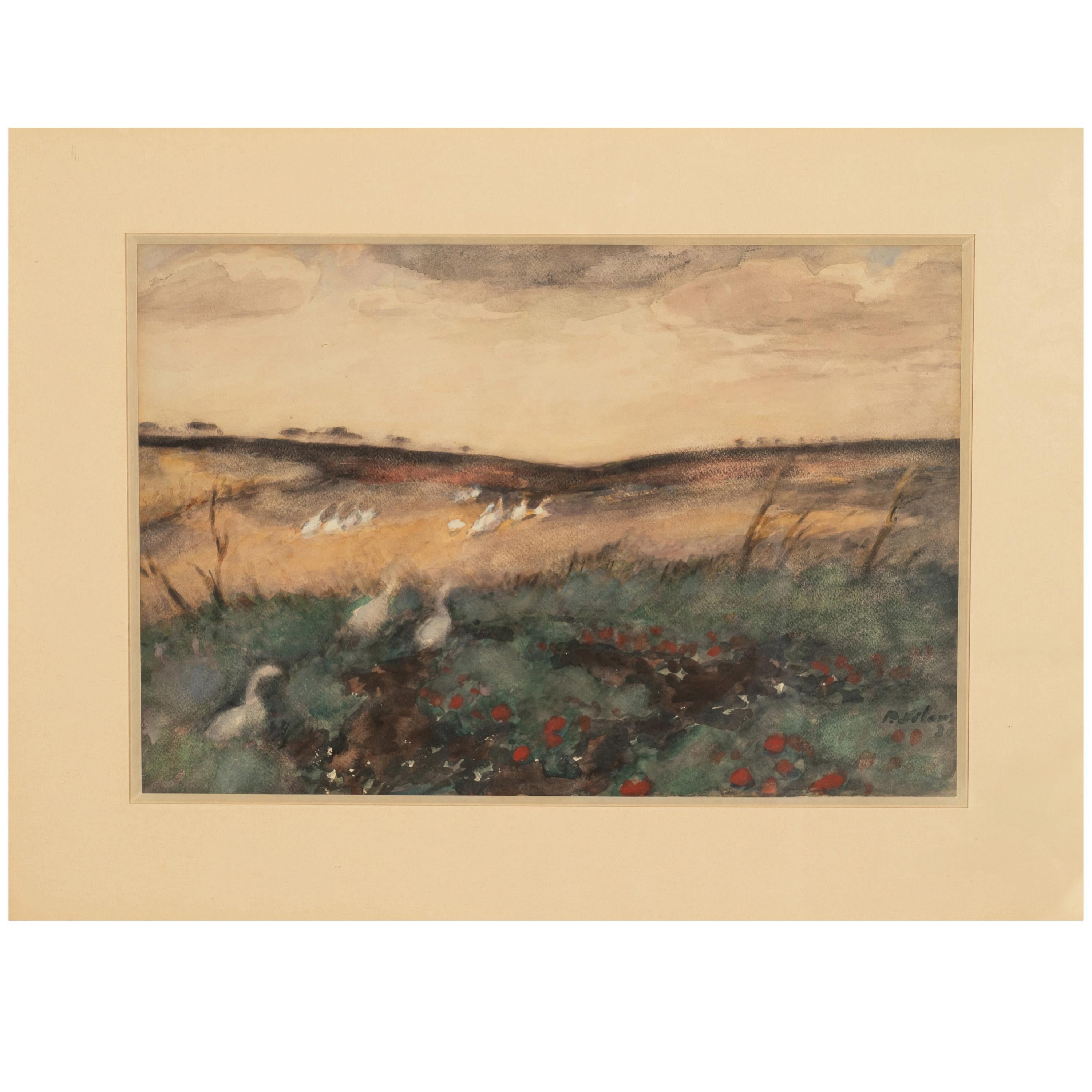 Russian French Impressionist Watercolor Gouache Landscape with Geese Painting - Beige Animal Art by Pyotr Alexandrovich Nilus
