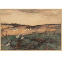Russian French Impressionist Watercolor Gouache Landscape with Geese Painting