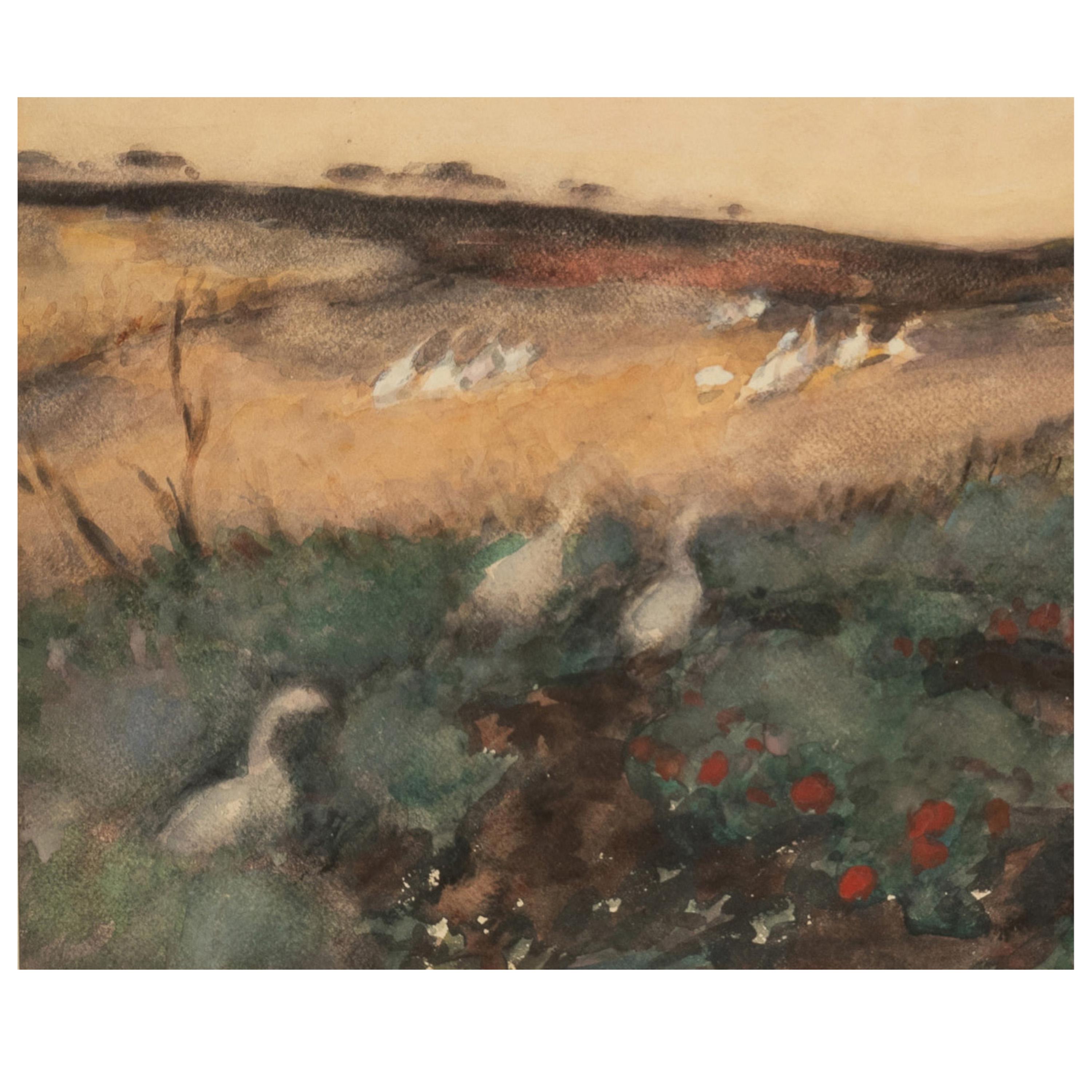 Russian French Impressionist Watercolor Gouache Landscape with Geese Painting For Sale 3