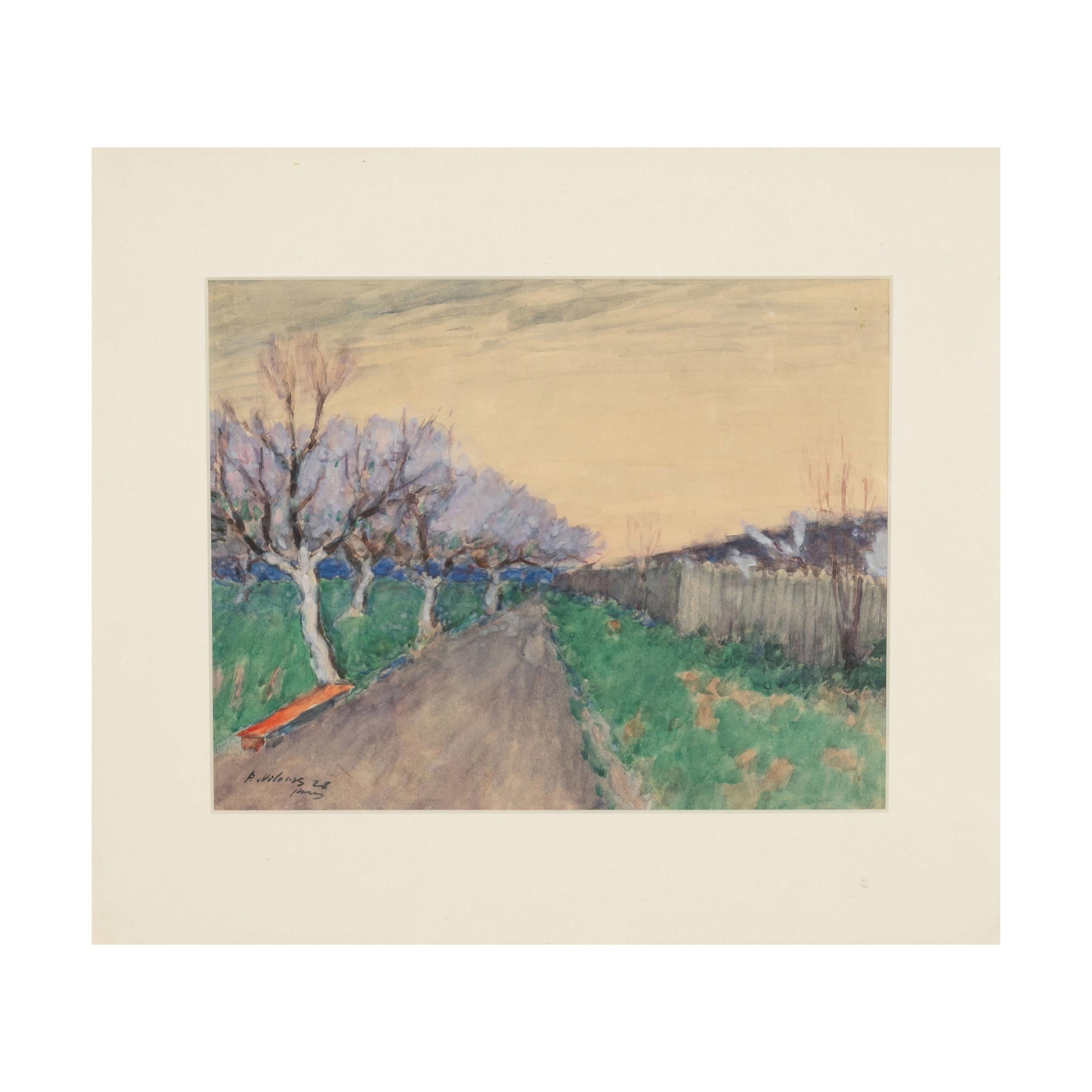 Antique French Impressionist Watercolor Gouache Landscape Painting (Pittura di paesaggio) - Art Impressionismo di Pyotr Alexandrovich Nilus