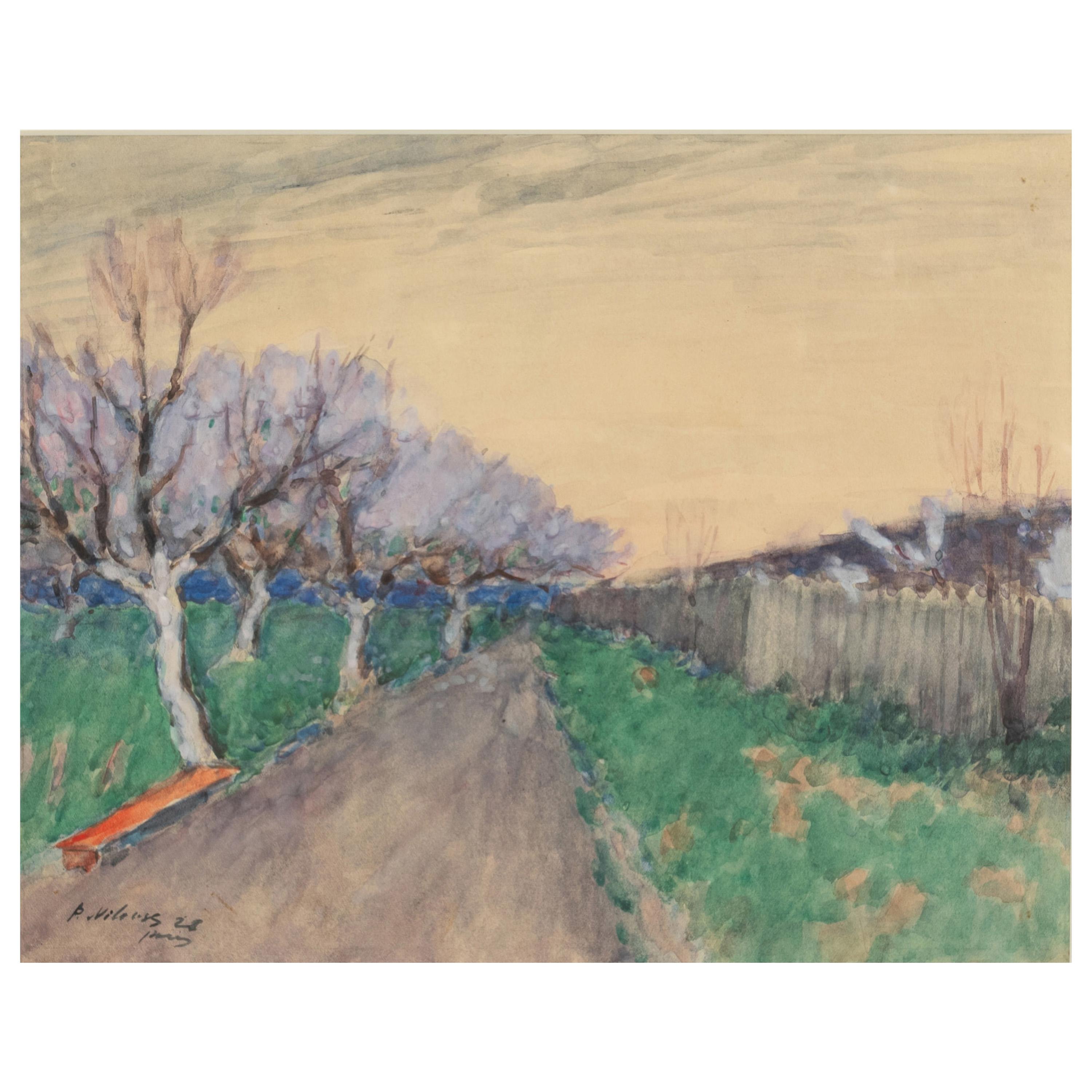 Antique French Impressionist Watercolor Gouache Landscape Painting (Pittura di paesaggio) - Art di Pyotr Alexandrovich Nilus